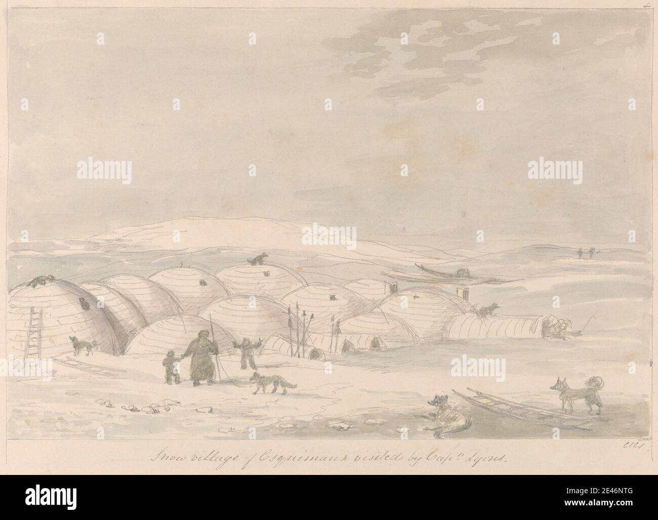 Charles Hamilton Smith, 1776–1859, Belge, Snow Village of Inuit visité par le capitaine Lyons, vers. 1821. Aquarelle et graphite sur du papier vélin crème modérément épais, modérément texturé. Canoës , chiens (animaux) , igloos , Inuit , échelles , paysage , neige Banque D'Images