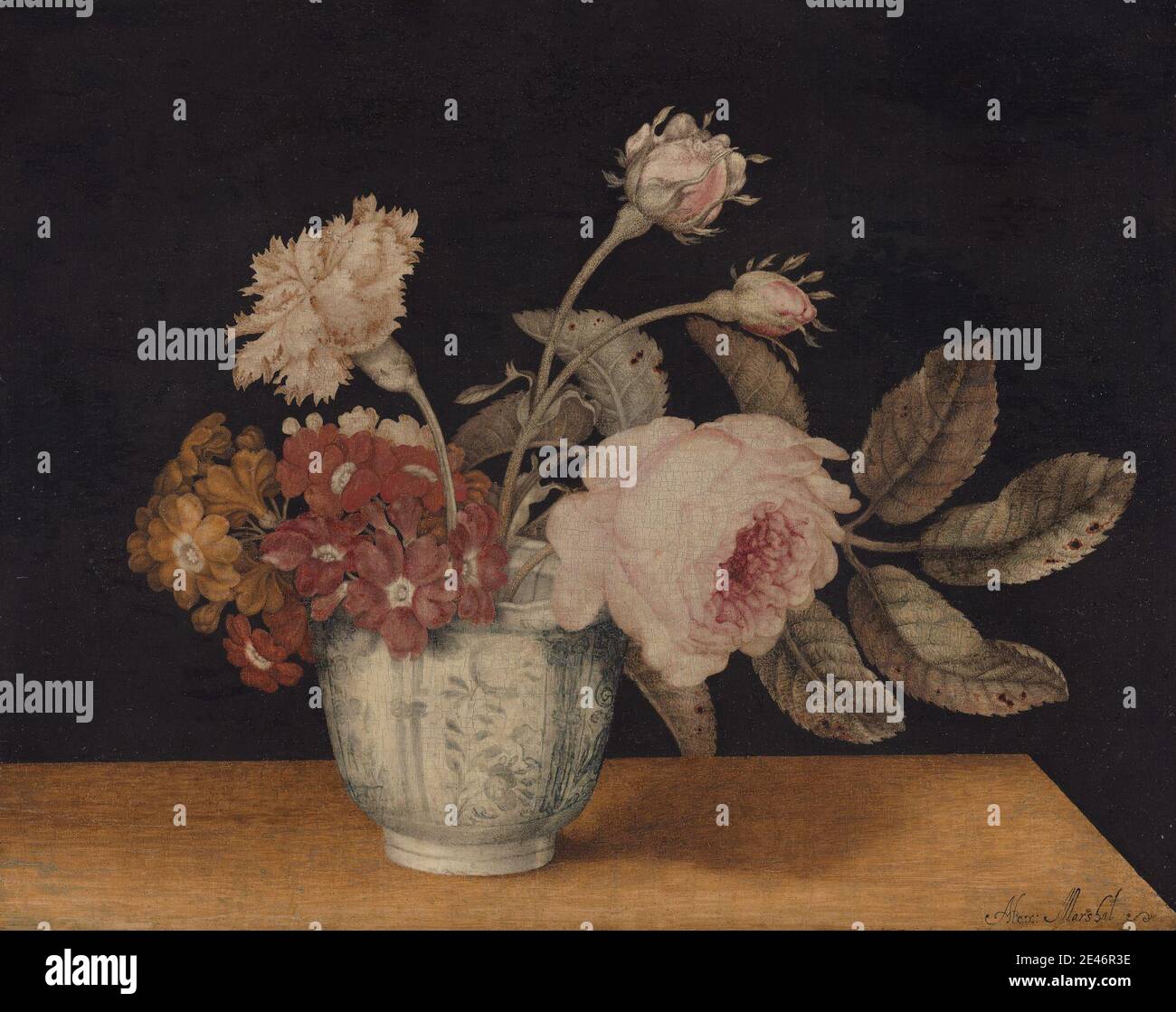 Alexander Marshal, actif 1651–mort 1682, britannique, fleurs dans un pot de Delft, 1663. Huile sur panneau. Noir , sujet botanique , botanique , botanique , œillets , delftware , foi , fleurs (plantes) , insectes , bocal , feuilles , perspective , roses (plante) , science , encore la vie , table , vase Banque D'Images