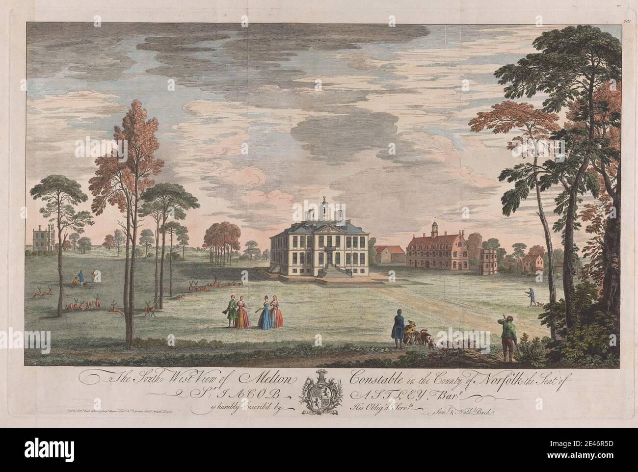 Samuel Buck, 1696–1779, British, The South West View of Melton Constable in the County of Norfolk, Siège de Sir Jacob Astley, c. 1741. Gravure colorée. Domaine public Banque D'Images