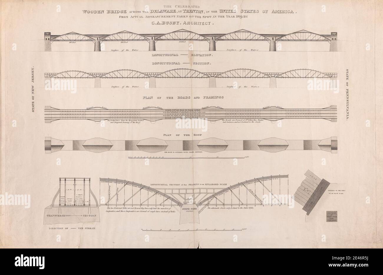 Charles Augustus Busby, 1788–1834, British, le célèbre pont en bois traversant le Delaware à Trenton, 1821. Domaine public Banque D'Images