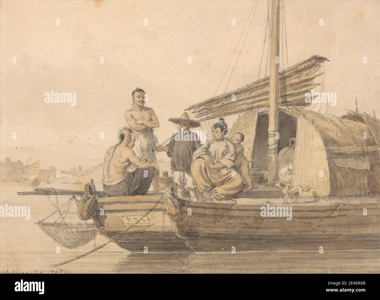 William Alexander, 1767–1816, Britannique, Fisherpeople on a Junk, 1793. Aquarelle et plume et encre noire sur graphite sur papier de vou beige modérément épais, légèrement texturé. Bébé , Chinois , commerce , chien (animal) , famille , pêcheurs , pêche , genre sujet , jonque , art marin , montagnes , pagodes (bâtiments) , voiliers , marins. Asie , Chine Banque D'Images