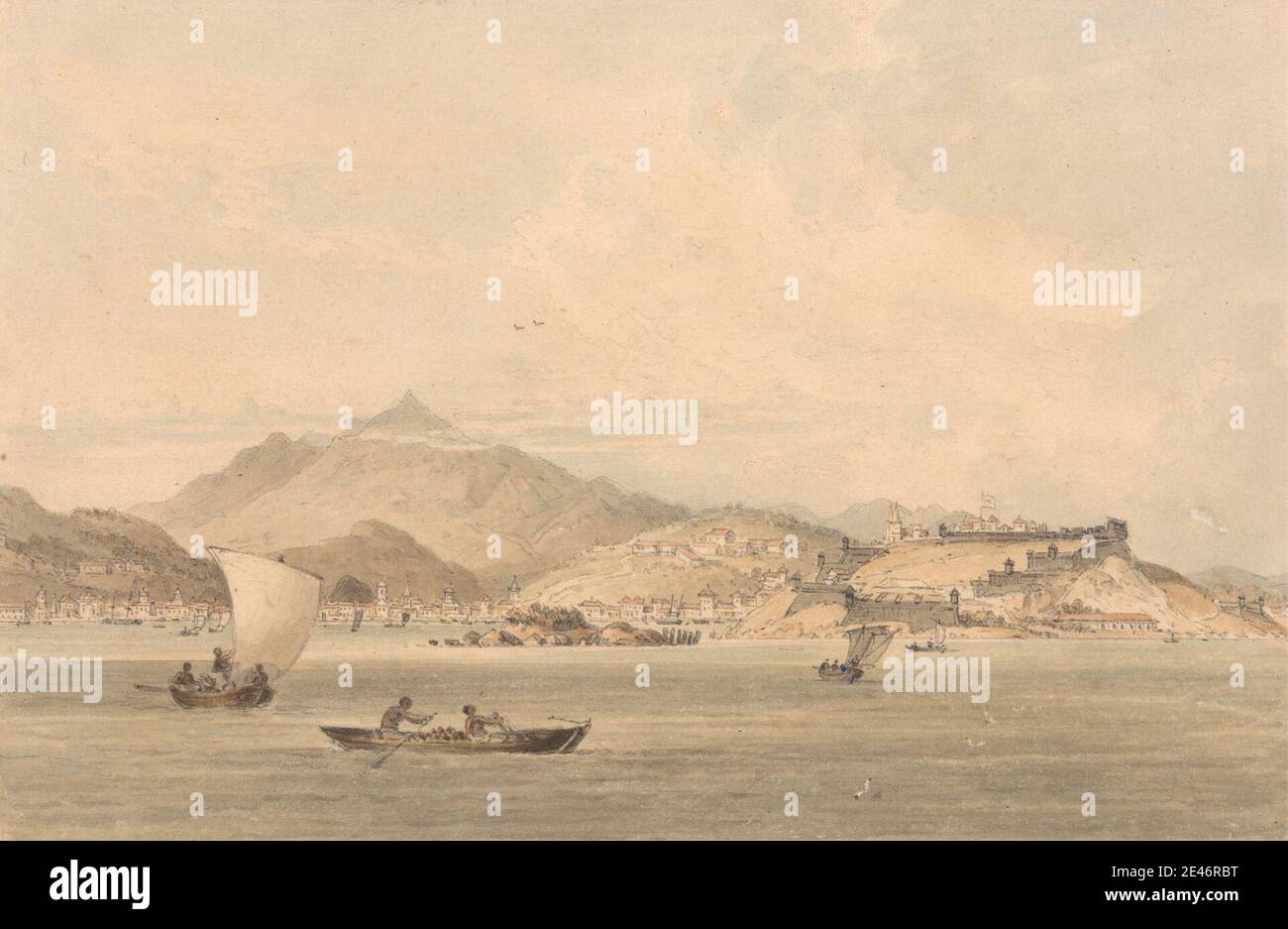 William Alexander, 1767–1816, British, A View of the Coast of China, non daté. Aquarelle et plume et encre noire sur graphite sur papier vélin crème modérément épais, légèrement texturé. Bateaux , bâtiments , côte , fortifications côtières , paysage , art marin , hommes , montagnes , aviron , voiliers , voiliers . Asie , Chine Banque D'Images