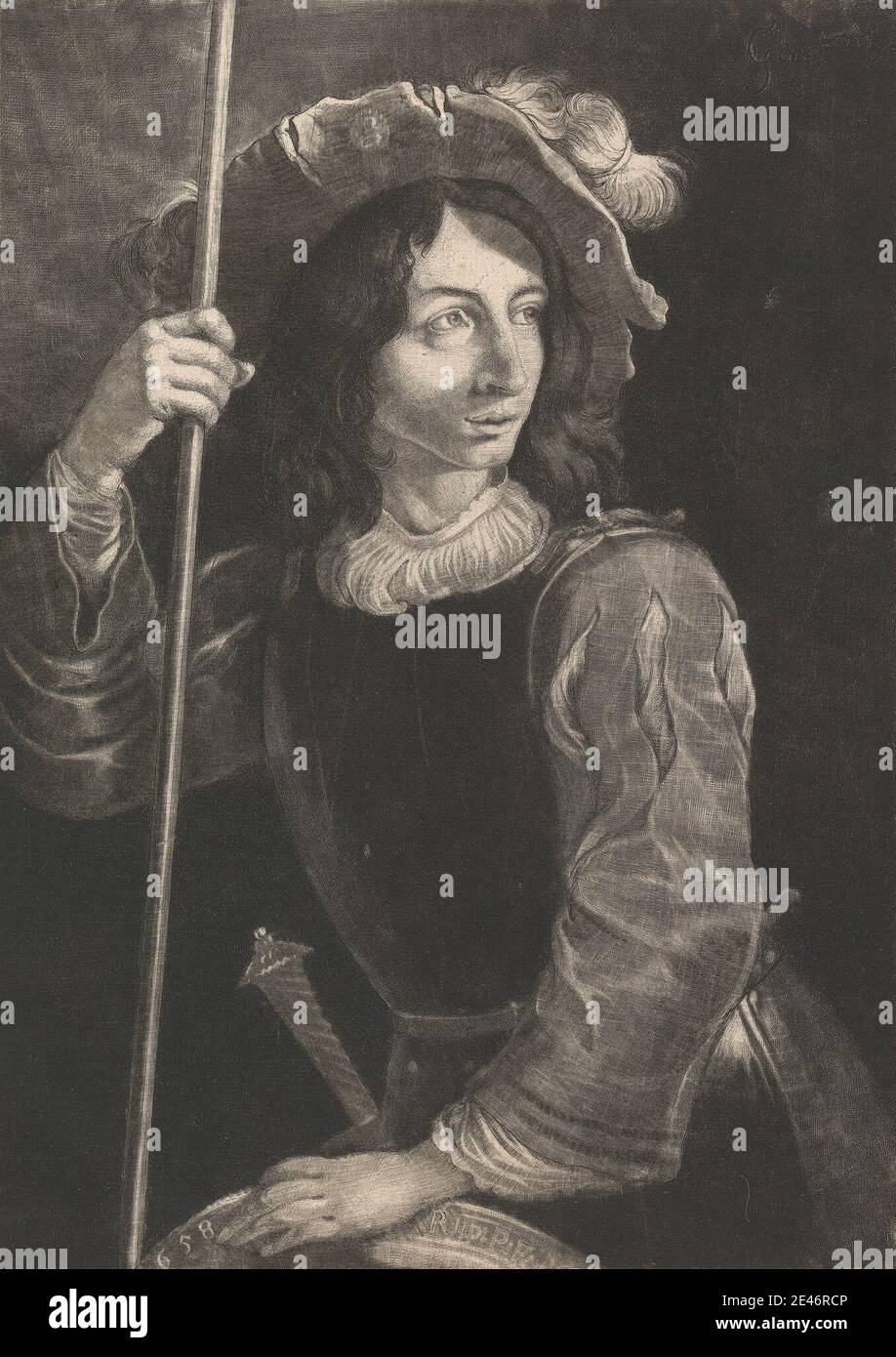 Imprimé de Prince Rupert, 1619–1682, British, The Great Lansquenet, 1658. Mezzotint sur modérément épais, modérément texturé, crème, papier coulé. Capot (chapeau) , collier , poignard , homme , volants Banque D'Images
