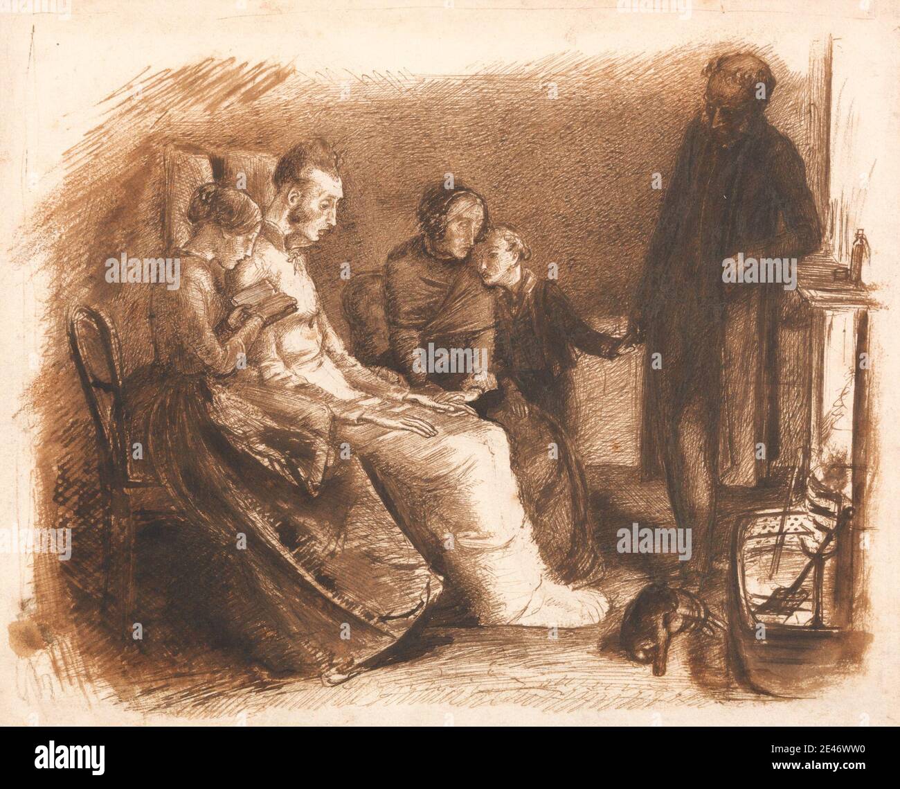 Sir John Everett Millais, 1829–1896, britannique, The Dying Man, ca. 1853. Encre stylo et brun et lavage brun sur papier vélin moyen, légèrement texturé, crème. Mourante , famille , genre sujet Banque D'Images