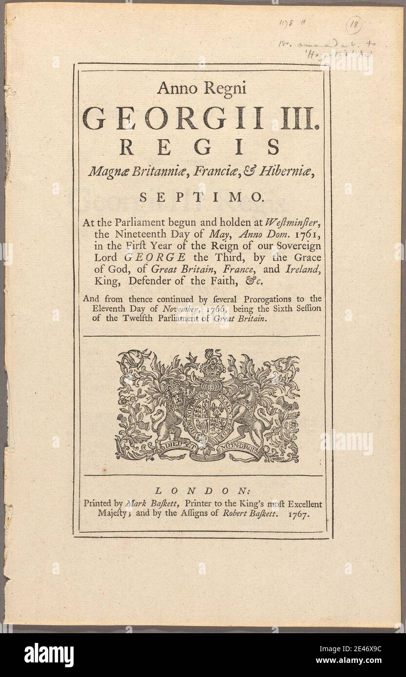 Imprimé par William Hogarth, 1697–1764, British, Copyright - Acte du Parlement, 1767. Typographie avec gravure. Domaine public Banque D'Images