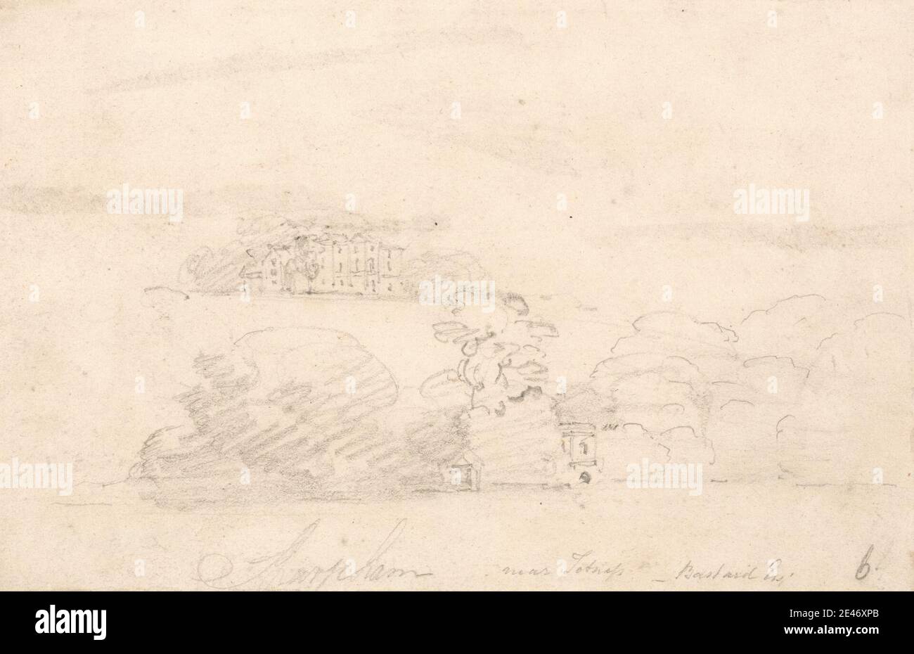 Thomas Girtin, 1775–1802, Britannique, Sharpham, près de Totnes, Devon, env. 1797. Graphite sur papier vélin moyen, légèrement texturé, crème. Sujet architectural , bâtiment , paysage , arbres. Devon , Angleterre , Europe , Sharpsham Estate , Sharpsham Vineyard , Totnes , Royaume-Uni Banque D'Images