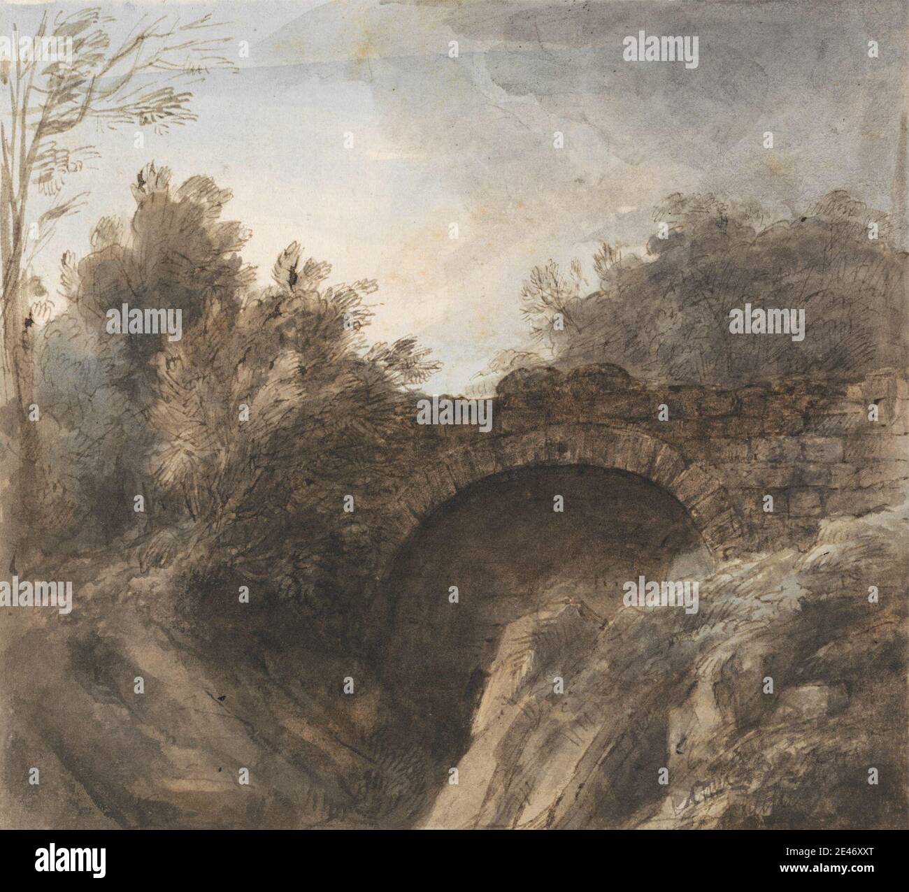 Heneage Finch quatrième comte d'Aylesford, 1751–1812, British, Pont au-dessus d'une gorge profonde, non daté. Aquarelle, stylo et encre brune sur graphite sur papier vélin moyen, légèrement texturé, crème. Sujet architectural, pont (travaux de construction), fossé, arbres Banque D'Images