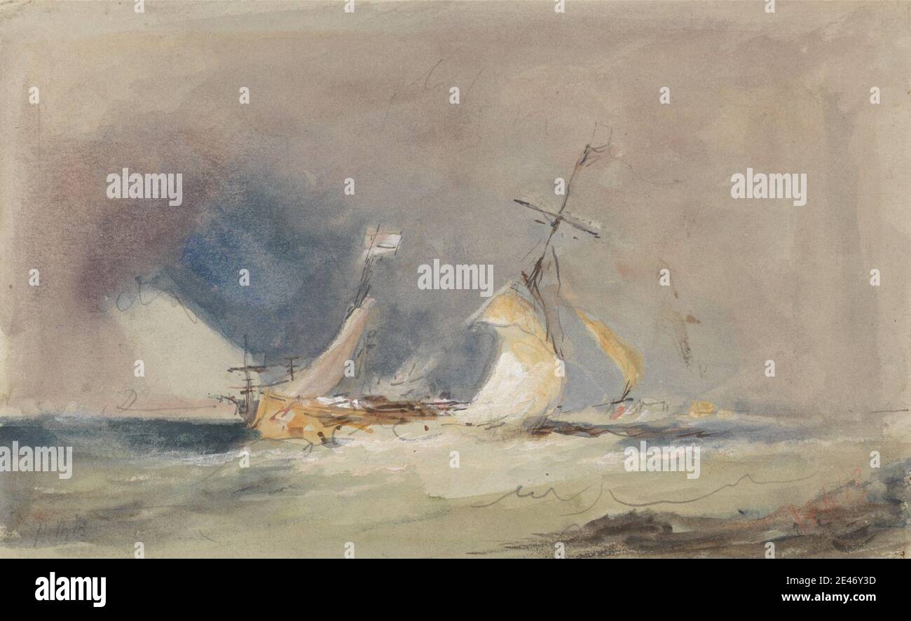 Hercules Brabazon Brabazon, 1821–1906, British, bouche du Humber, non daté. Aquarelle et gouache avec graphite et rayure sur papier vélin moyen, légèrement texturé, gris. Nuages , côtes , art marin , navires , tempête. Angleterre , Europe , Humber, bouche de la , Royaume-Uni Banque D'Images