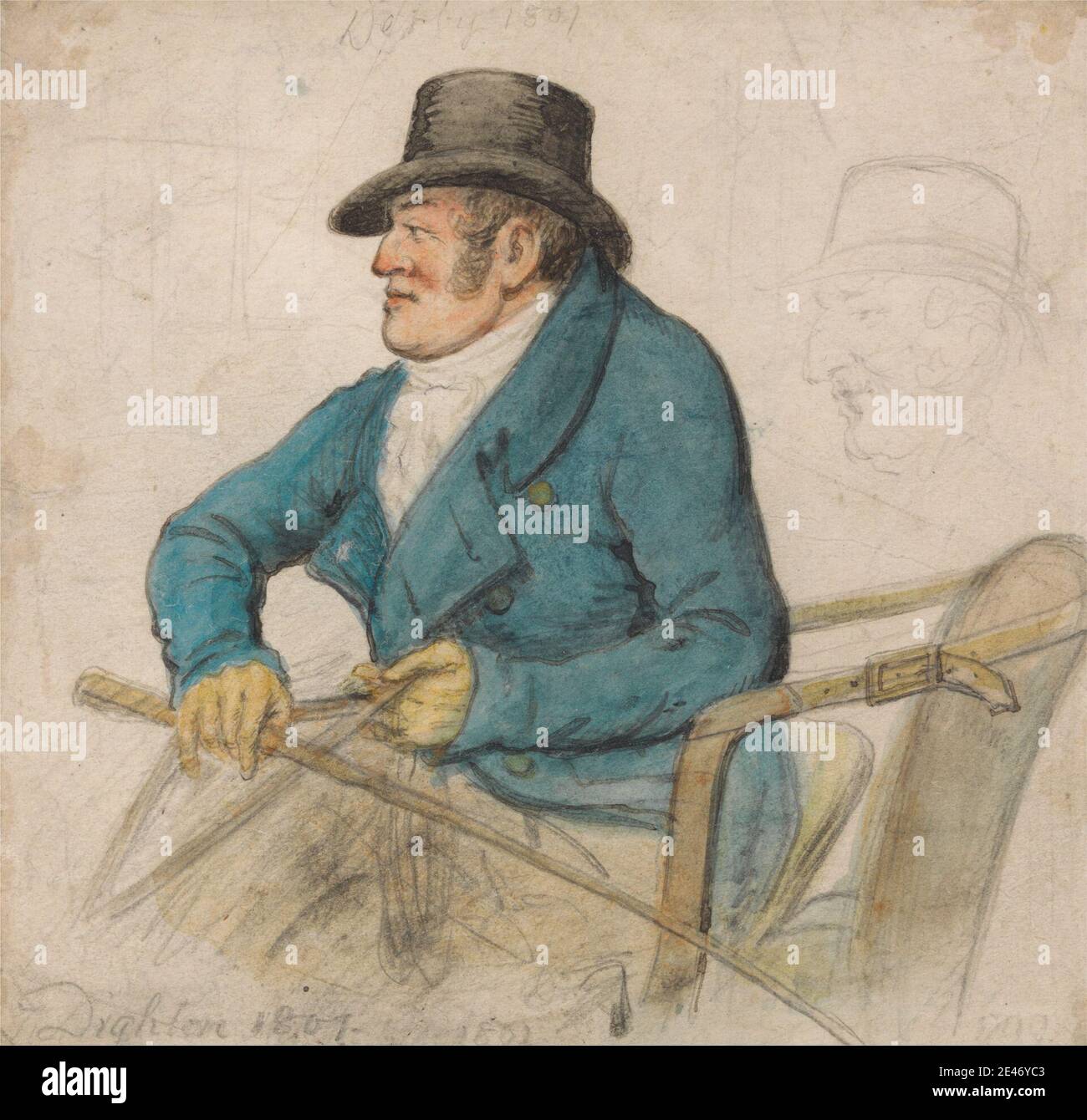 Robert Dighton, 1752–1814, Britannique, William Molyneaux, deuxième comte de Sefton : sur un siège de boîte, tenant des reins et des whip, entre 1801 et 1802. Aquarelle, graphite, stylo et encre noire sur papier vélin de taille moyenne, légèrement texturé, blanc bleui. Portrait Banque D'Images