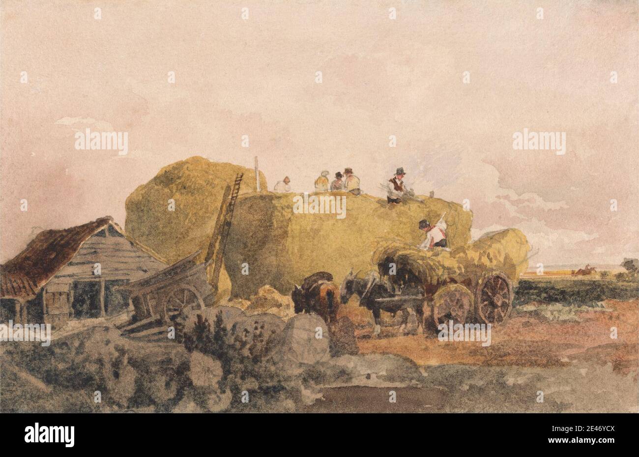 Peter DeWint, 1784–1849, British, Building a Hayrick, non daté. Aquarelle et graphite sur papier moyen, brut, crème, vélin. Grange , ferme , genre sujet , foin , chevaux (animaux) , paysage , bétail , hommes , wagons Banque D'Images