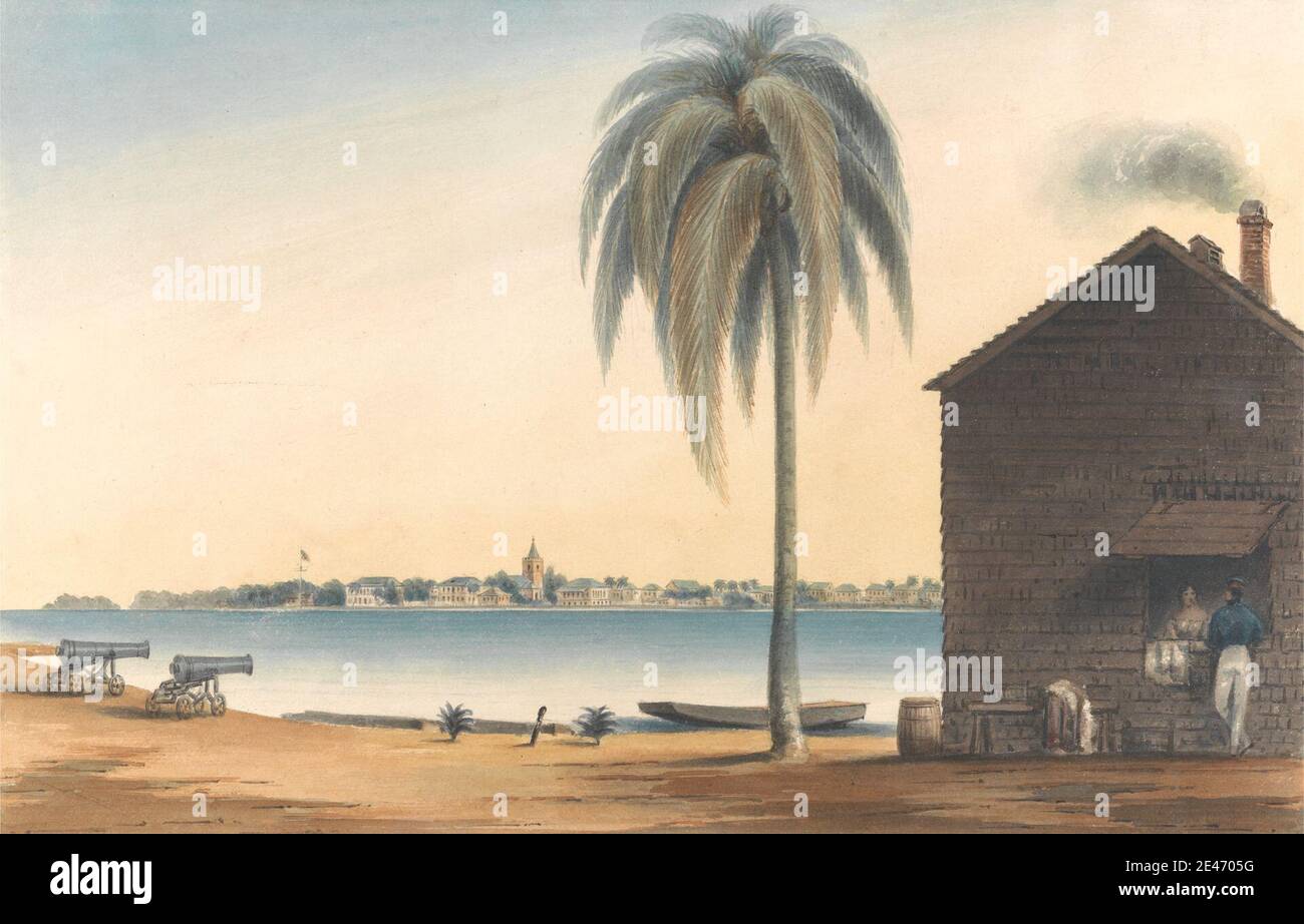 I. H. Gascoigne, actif 1830–1840, Government House, Belize de fort St. George, Honduras britannique, vers. 1830. Aquarelle et graphite sur papier vélin moyen, légèrement texturé, crème. Sujet architectural , plage , canons , maison , palmiers. Belize , Honduras britannique , fort Saint George Banque D'Images