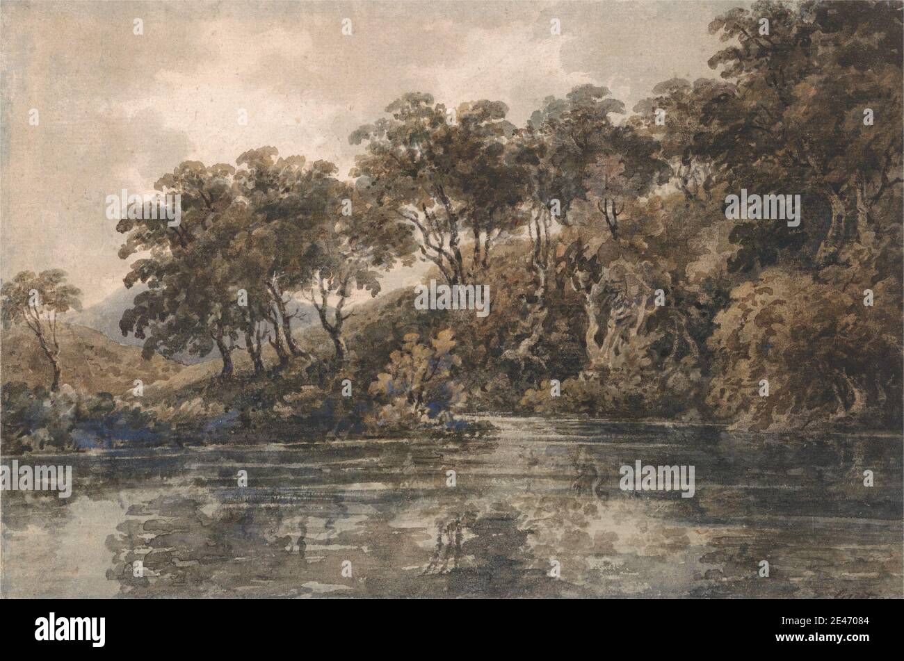 Thomas Girtin, 1775–1802, British, Trees and Pond, près de Bromley, Kent, env. 1798. Aquarelle et gouache sur graphite; verso: Graphite sur papier modérément épais, modérément texturé, beige, ponté. Paysage , étang , reflet , ciel , arbres. Bromley , Angleterre , Europe , Kent , Royaume-Uni Banque D'Images