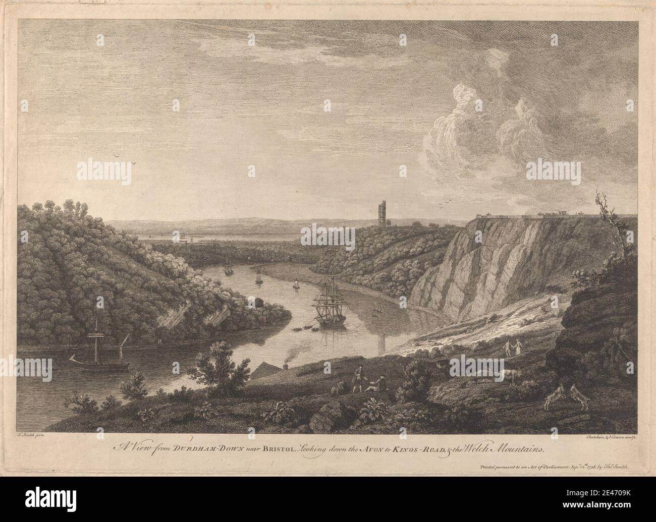 Jean B. C. Chatelain, 1710–1771, français, UNE vue de Durdham-Down près de Bristol, en descendant l'Avon, 1756. Gravure. Bateaux , falaises , collines , paysage , rivière. Avon , Bristol , Angleterre , Royaume-Uni Banque D'Images