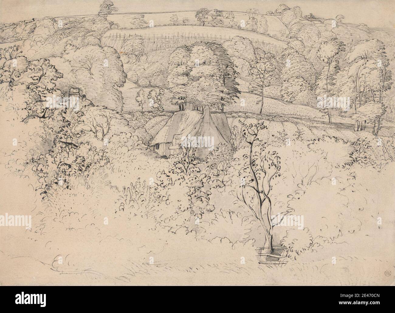 Samuel Palmer, 1805–1881, britannique, actif en Italie (1837–39), The Primitive Cottage, Shoreham, non daté. Stylo et encre brun foncé et lavage gris sur papier vélin moyen, modérément texturé, crème épaisse. Cottage , paysage , architecture primitive. Angleterre , Europe , Kent , Shoreham , Royaume-Uni Banque D'Images