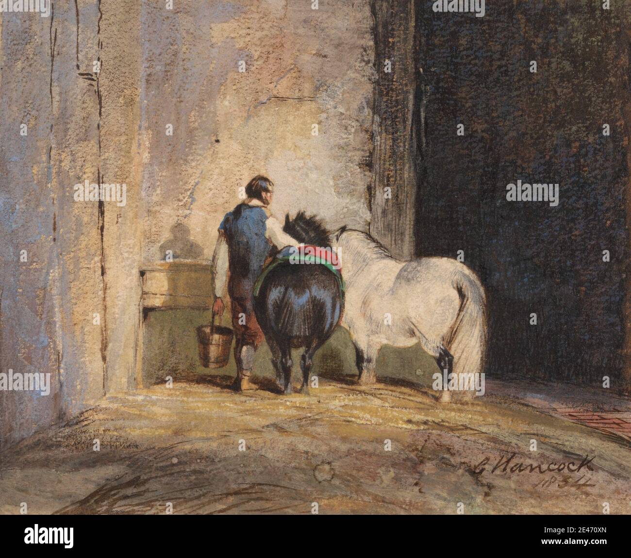 Charles Hancock, 1802–1877, Britannique, deux ponts Shetland avec un Groom, 1834. Huile, aquarelle, gouache, et encre de plume et brune sur papier de vache moyennement épais, rugueux, beige. Art animal , genre sujet , marié , chevaux (animaux) , poneys (animaux) Banque D'Images