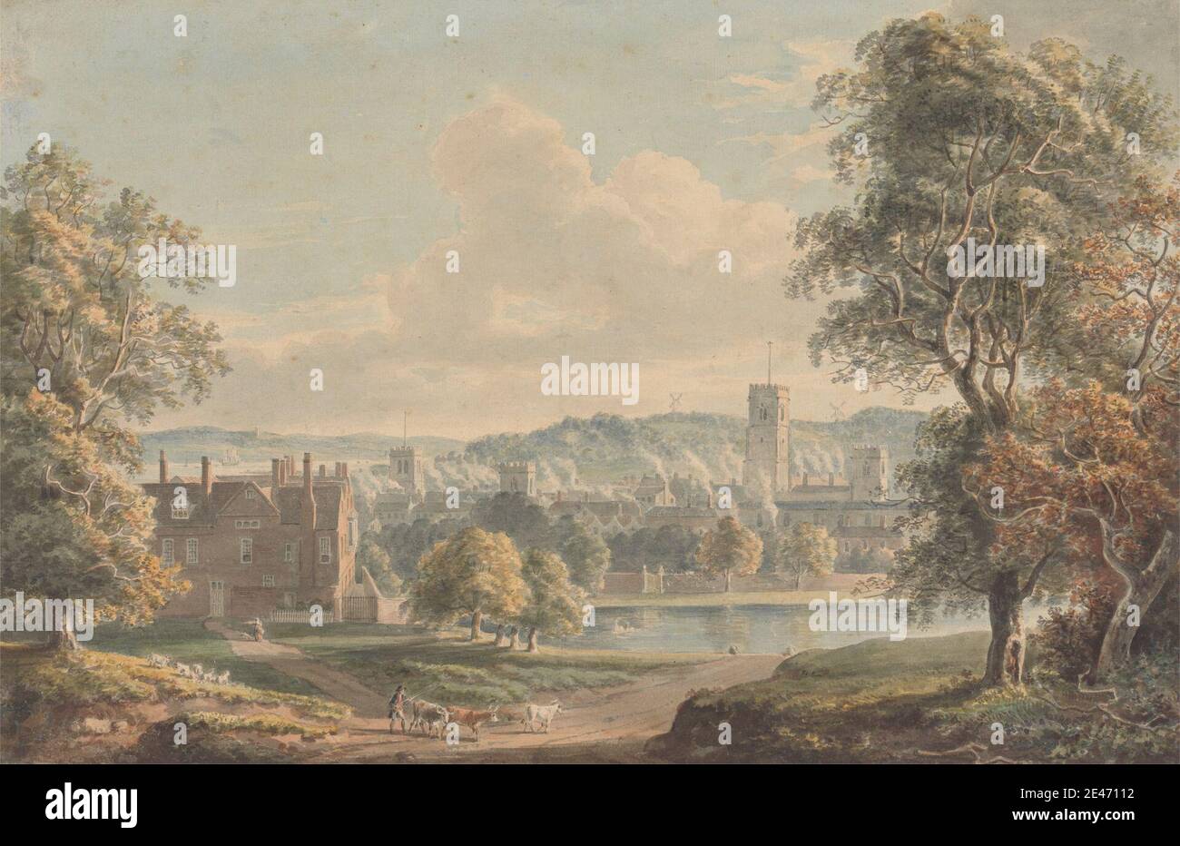 Paul Sandby RA, 1731–1809, Britannique, Ipswich du domaine de Christchurch Mansion, non daté. Aquarelle et encre de plume et de brunes sur graphite sur papier de couleur moyenne, crème, légèrement texturé. Sujet architectural , bétail , paysage , étang , mouton , tour (division de bâtiment) , arbres. Angleterre , Europe , Ipswich , Suffolk , Royaume-Uni Banque D'Images