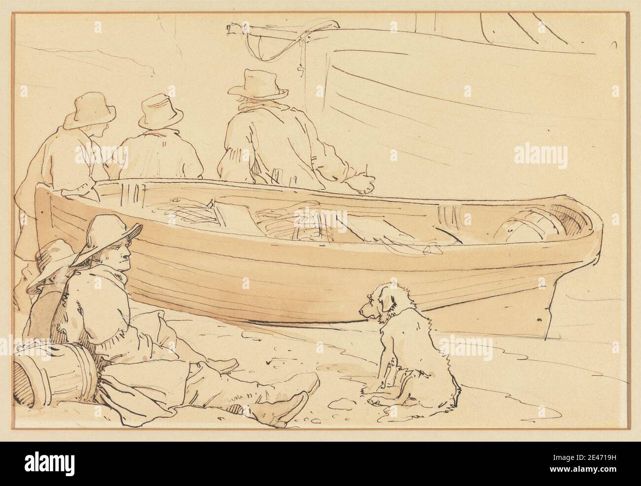 Sir Edwin Henry Landseer, 1802–1873, Britannique, pêcheur par un bateau avec un chien, non daté. Stylo et encre et lavage brun sur papier vélin moyen, légèrement texturé, crème. Barils , bateau , chien (animal) , étude de figure , pêcheurs , genre sujet , chapeaux , travail , ouvrier , hommes , travailleur , travail Banque D'Images