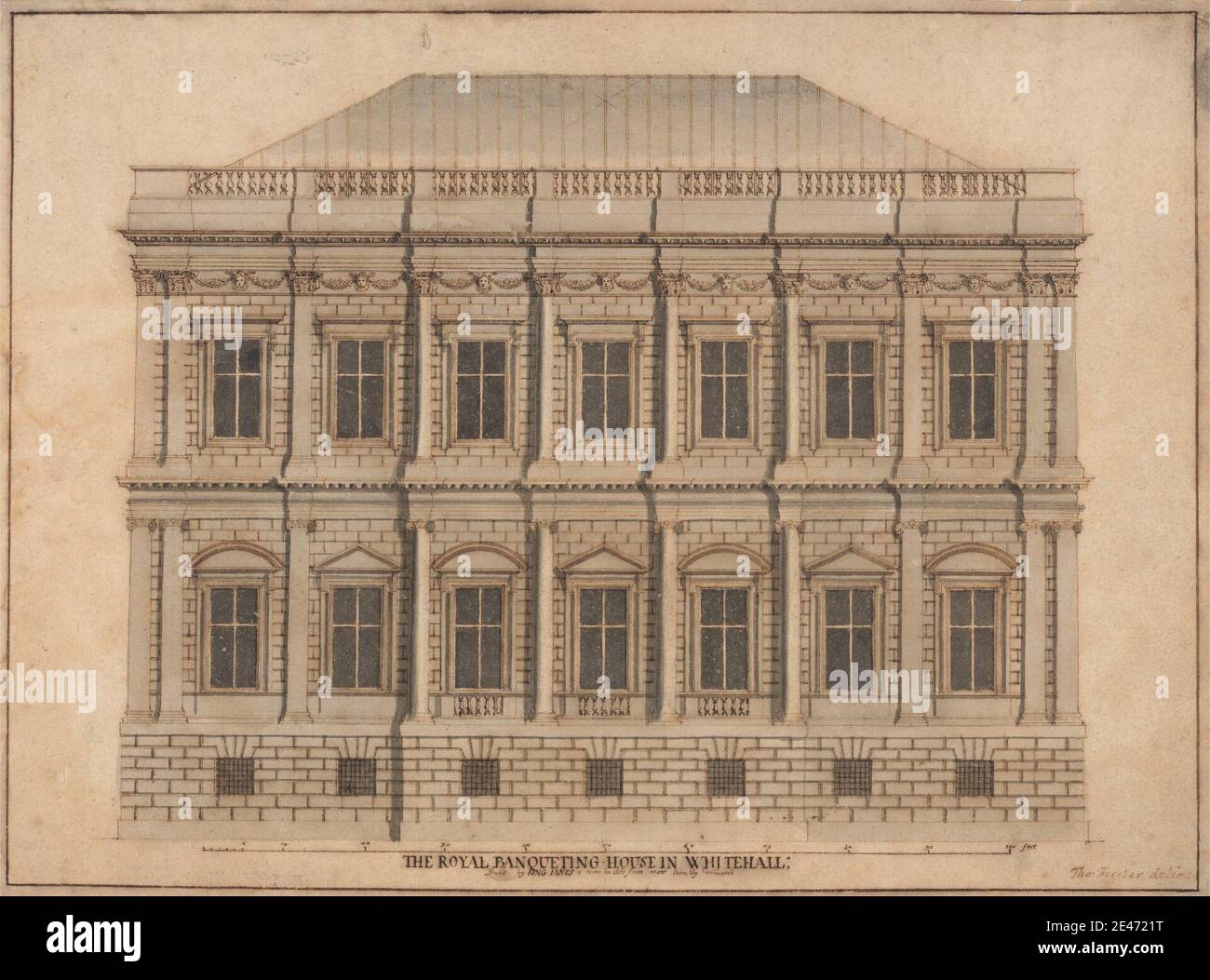Thomas Forster, env. 1677–après 1712, British, Banqueting House, Whitehall: Front Elevation, non daté. Graphite, stylo, encre brune, lavage gris, et gouache sur papier vélin moyen, légèrement texturé, beige. Sujet architectural , salle de banquet , brique , bâtiment , colonnes , Palladien , fenêtres. Banqueting House , Angleterre , Europe , Grand Londres , Londres , Royaume-Uni , Whitehall. Jones, Inigo (1573-1652), architecte et designer de théâtre James I Charles I (1600-1649), roi d'Angleterre, d'Écosse et d'Irlande Banque D'Images