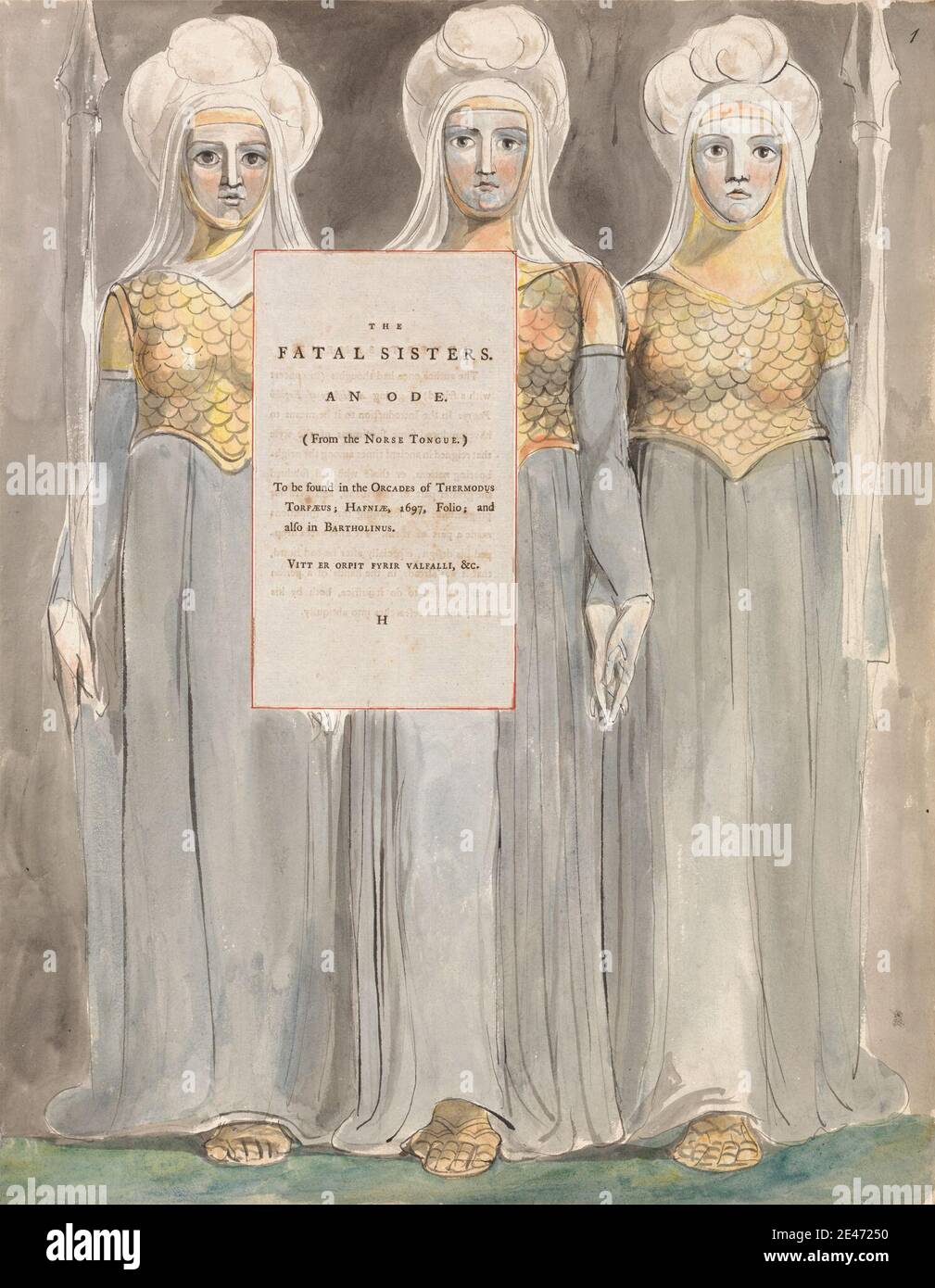 William Blake, 1757–1827, Britannique, les Poèmes de Thomas Gray, Design 67, « The Fatal Sisters. », entre 1797 et 1798. Aquarelle avec stylo et encre noire et graphite sur papier de vélin modérément épais, légèrement texturé, crème avec page de typographie incrustée. angel , armure , robes , plumes , gants , robe , casques , joust , chevaliers , thème littéraire , sujet religieux et mythologique , échelles , ciel , soldats , lance , texte , ailes , femmes Banque D'Images