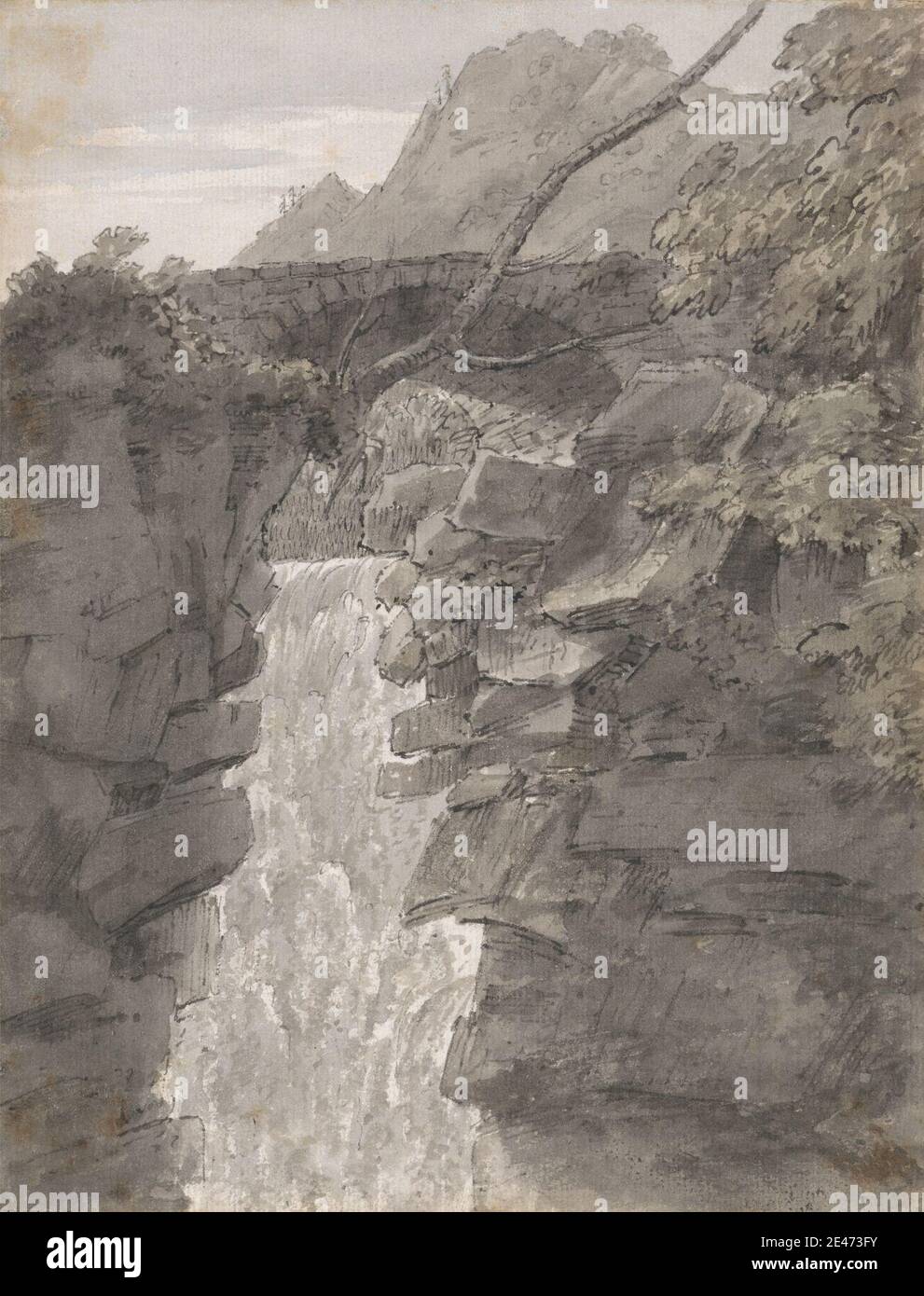 John Robert Cozens, 1752–1797, British, The Falls of the Reichenbach, 1776. Stylo et encre noire avec lavage gris et lavage vert sur papier de moyenne, légèrement texturé, crème posée, monté sur papier de vélin blanc, moyen, légèrement texturé. Pont (travail construit) , géologie , Grand Tour , collines , paysage , rochers (formes de terrain) , science , arbres , chute d'eau. Europe , Reichenbach , Suisse Banque D'Images