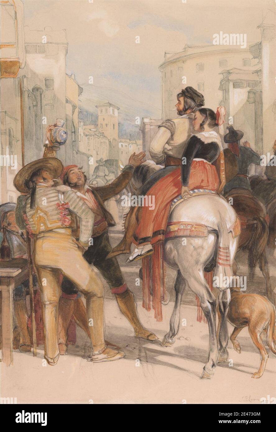 John Frederick Lewis, 1804–1876, British, UNE scène de rue à Grenade le jour de la corrida, 1833. Aquarelle, gouache blanc, craie noire, craie rouge, graphite et gomme à gratter sur papier vélin moyen, légèrement texturé, crème. Bouteille , costume , chiens (animaux) , genre sujet , chevaux (animaux) , hommes , rues , vin , femmes. Grenade , Espagne Banque D'Images