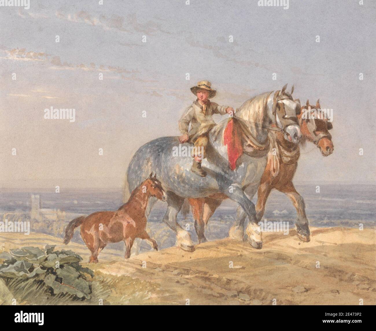 John Frederick Tayler, 1802–1889, British, UN Plowboy qui fait partie d'une paire de chevaux-Draft-Horses Up a Hill, non daté. Aquarelle sur graphite sur papier moyen, légèrement texturé, crème, vélin. Art animal Banque D'Images