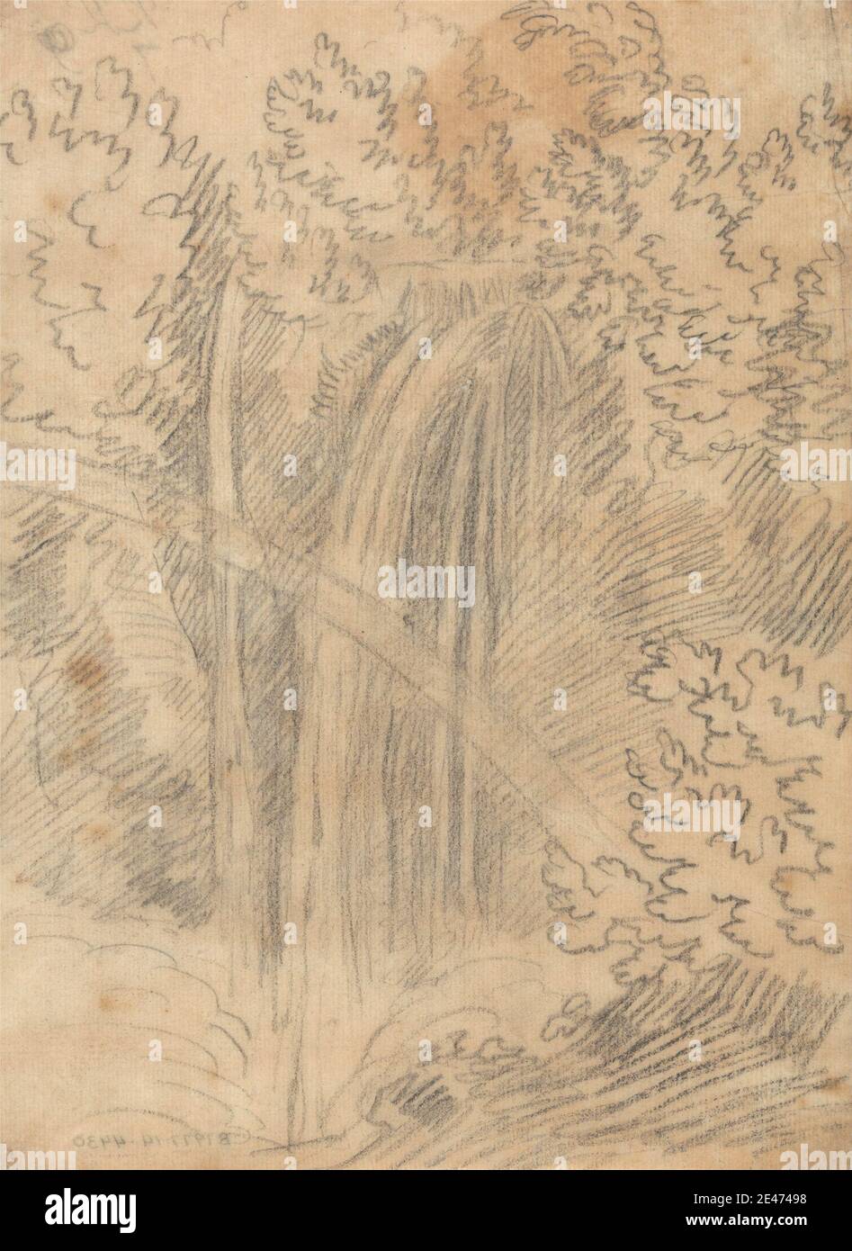 John Robert Cozens, 1752–1797, British, A Waterfall, ca. 1780. Graphite, craie noire et vernis sur papier fin, légèrement texturé, crème. Buissons , Grand Tour , paysage , science , arbres , cascades Banque D'Images