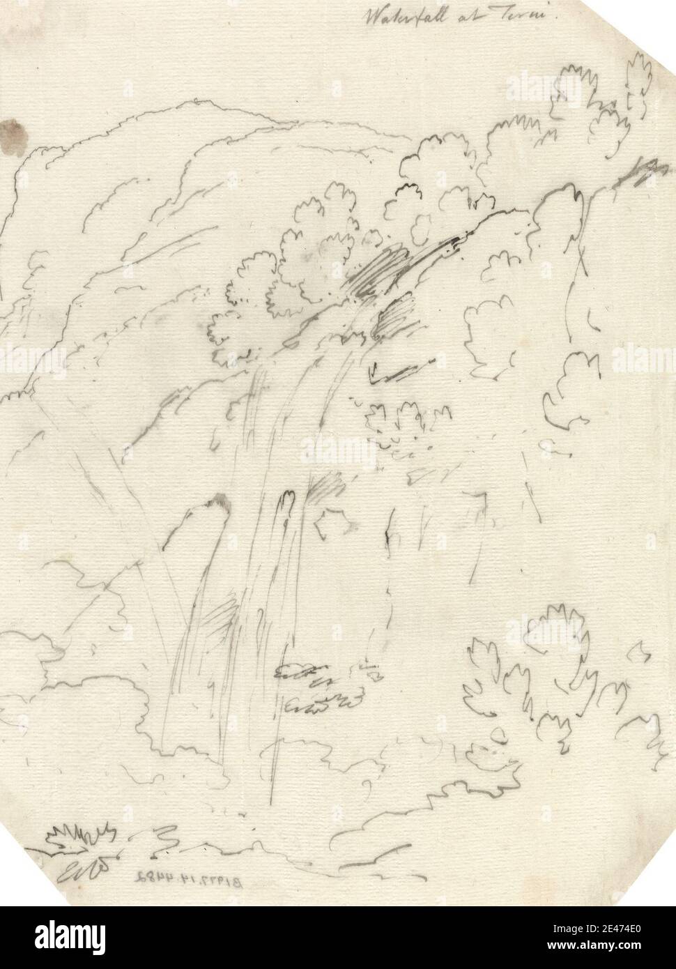 John Robert Cozens, 1752–1797, British, Waterfall at Terni, ca. 1780. Stylo et encre noire sur papier fin, légèrement texturé, crème. Falaises , Grand Tour , collines , paysage , science , arbres , cascades. Europe , Italie , Terni Banque D'Images