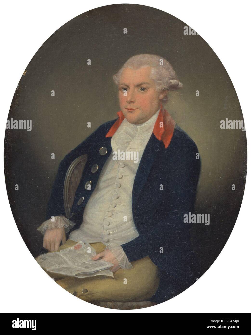 Francis Alleyne, actif de 1774 à 1790, britannique, William Wheatley, 1786. Huile sur toile. chaise , costume , homme , ovale , portrait. Wheatley, William Banque D'Images