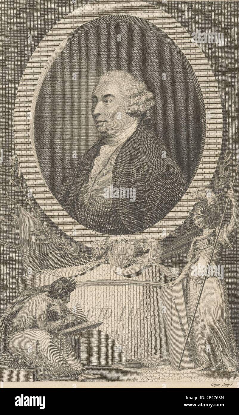 Imprimé par Joseph Collyer, 1748–1827, Britannique, David Hume, non daté.  Gravure de ligne et gravure sur papier de wove crème modérément épais,  légèrement texturé, posé dans la monture. Allégories , armure ,