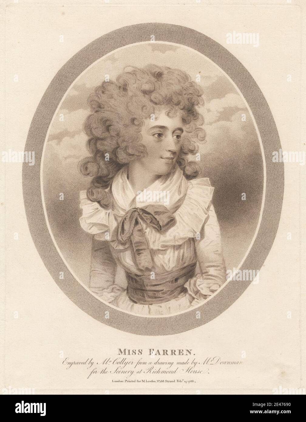 Imprimé par Joseph Collyer, 1748–1827, British, Mlle Eliza Farren, 1788. Gravure et gravure sur papier crème modérément épais et modérément texturé. Actrice , noeud (accessoire de costume) , col , costume , boucles , robe , fille , robe , robe , robe , ovale , portrait , volants , purée , sourire , théâtre (discipline). Farren, Elizabeth (1759x62-1829), actrice Banque D'Images