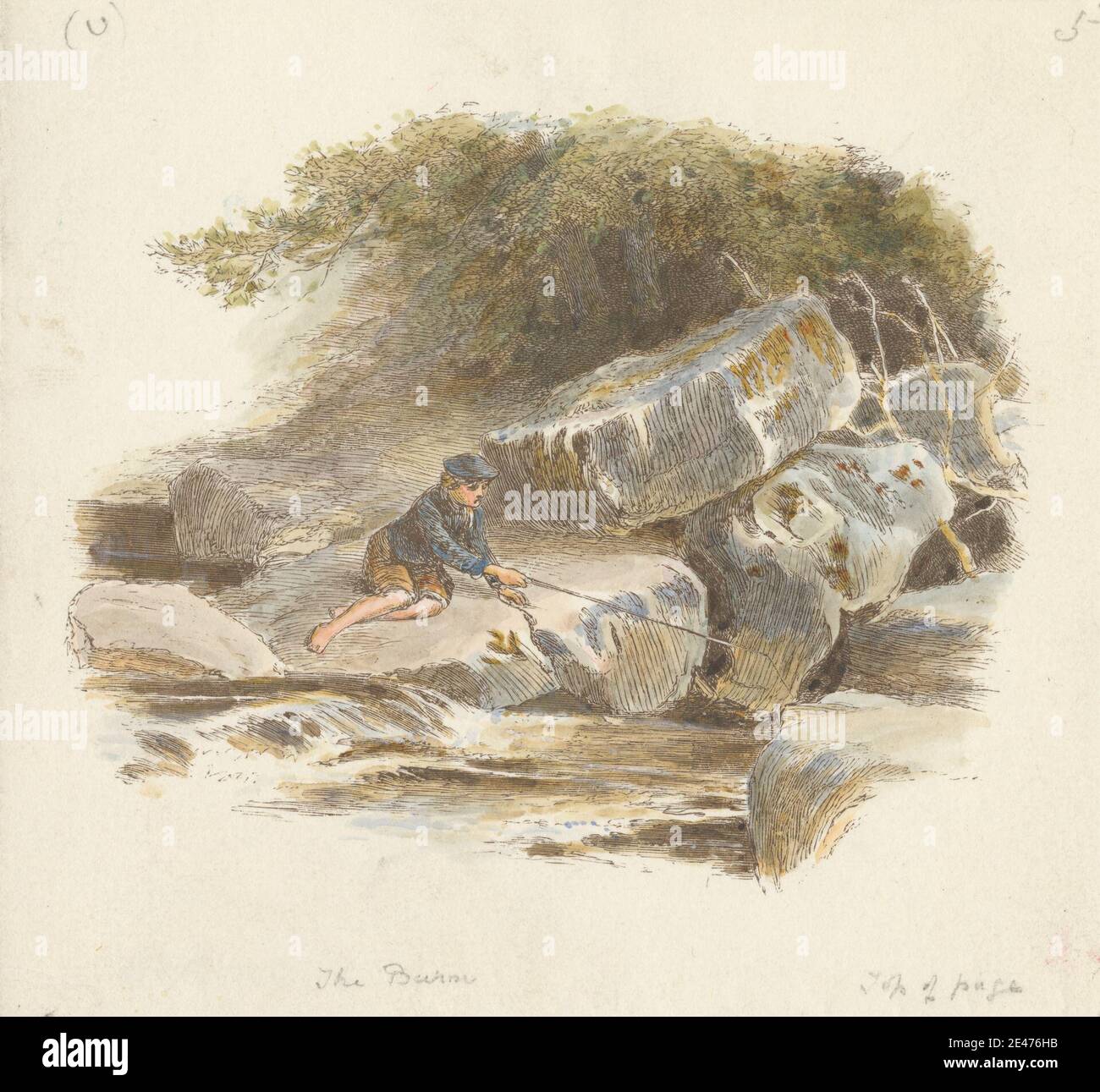 Imprimé par Alfred W. Cooper, active 1850–1901, British, The Burn, non daté. Gravure en bois avec coloration à la main sur papier blanc de wove légèrement épais, légèrement texturé, bleué. Pieds nus , garçon , brûlure (topographie) , chapeau (coiffeur) , enfant , littérature pour enfants , manteau , pêcheur , pêche , pôle de pêche , genre sujet , chapeau , illustration , paysage , météorologie , rochers (formes terrestres) , science , science , pantalons , cascades Banque D'Images