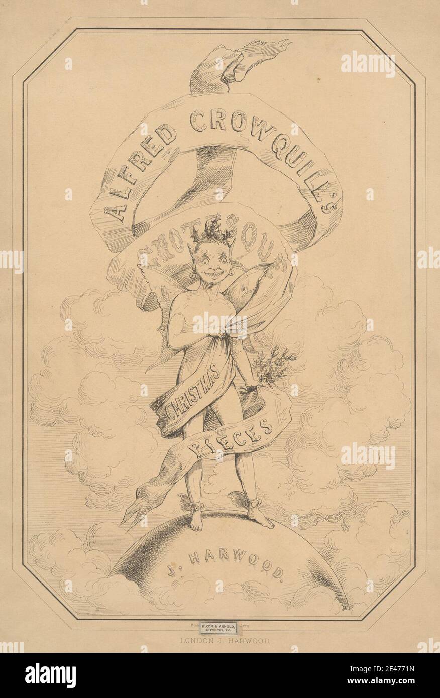 Imprimé réalisé par Alfred Henry Forrester, 1804–1872, British, Wrapper pour six tirages de pièces de Noël d'Alfred Crowquill, non daté. Lithographie sur papier vélin légèrement épais, lisse et brun. Cloches , Noël , nuages , genre sujet , globe , illustration , GUI , plantes , ruban , satire , ailes , monde. Démon Banque D'Images