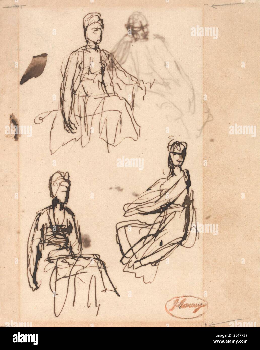 George Romney, 1734–1802, britannique, femme assise : trois études, non datée. Stylo et encre brune sur papier moyen, légèrement texturé, crème. Genre sujet , assis , études , femmes Banque D'Images