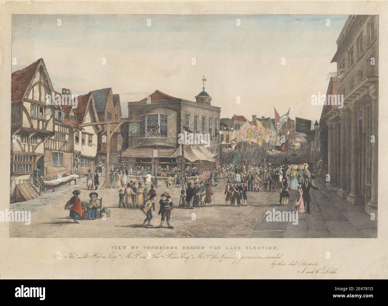 Joseph Josiah Dodd, 1809–1894, British, View of Tonbridge pendant les élections tardives, après 1832. Lithographie avec coloration à la main sur une carte épaisse, légèrement texturée, crème avec colé de chine crème. Sujet architectural , paniers , clocher , bonnets (chapeaux) , garçons , bâtiments , voitures , enfants , paysage urbain , manteaux , colonnes (éléments architecturaux) , costume , écusson , foule , oeufs , élection , drapeaux , manteaux de grenouille , fruit , genre sujet , filles , robes , marché (événement) , hommes , marchands , bâtiments municipaux , parade , piliers , politiques , châles , signes , carré , Banque D'Images