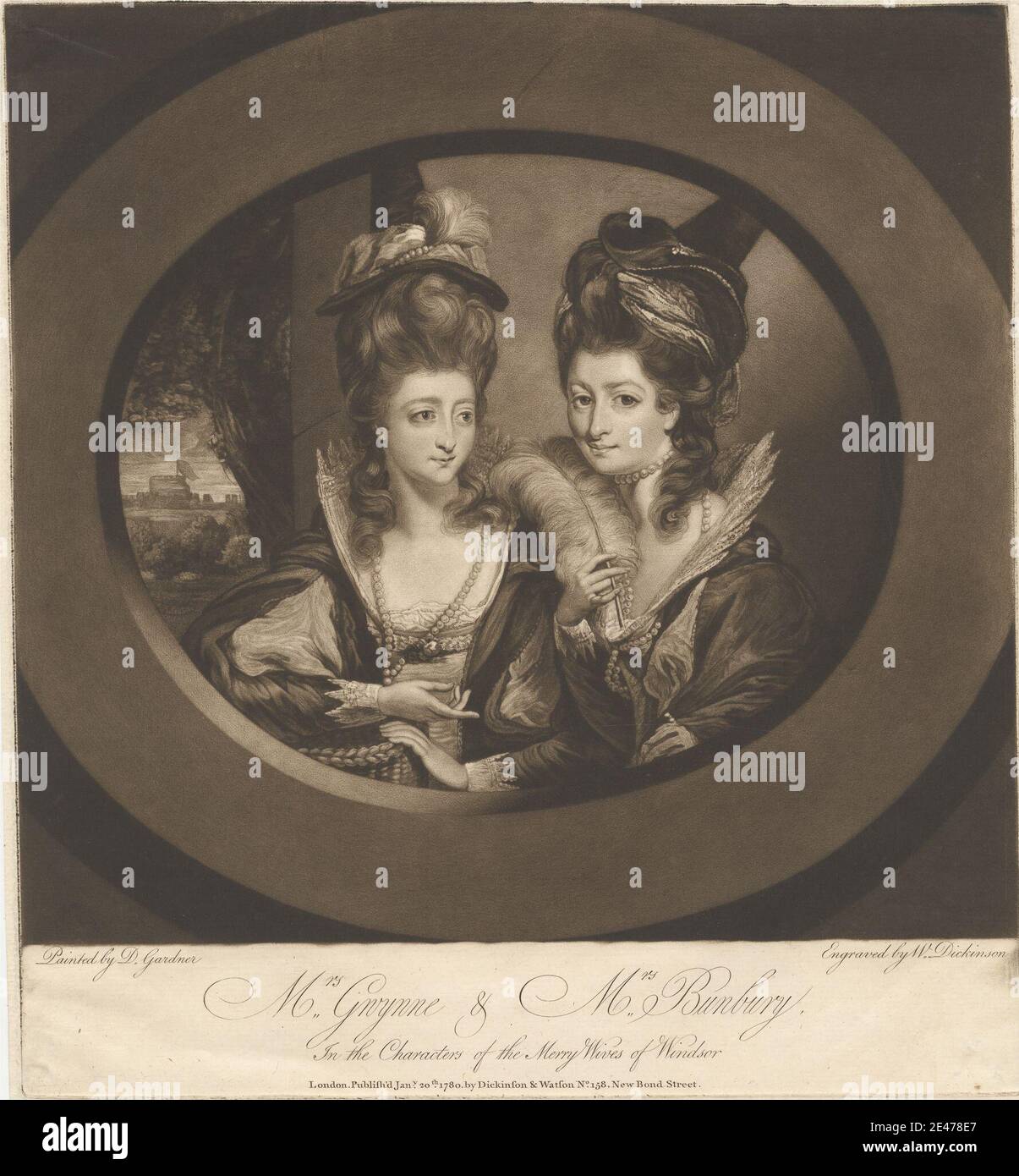 Imprimé par William Dickinson, 1746–1823, British, Mme Gwynne et Mme Bunbury dans les personnages des Merry Wives de Windsor, 1780. Mezzotint sur modérément épais, légèrement texturé, beige. Actrices , manchettes , boucles , robe fantaisie , plumes , chapeaux , dentelle , thème littéraire , ovale , palais , perles , pièces de William Shakespeare , portrait , couvre-pieds , soie , sœurs , Les Merry Wives de Windsor, pièce de William Shakespeare , arbre. Gwyn, Mary (1753-1840), l'actrice Bunbury, Catherine (1754-1799), l'actrice Shakespeare, William (1564-1616), dramaturge et poète Banque D'Images