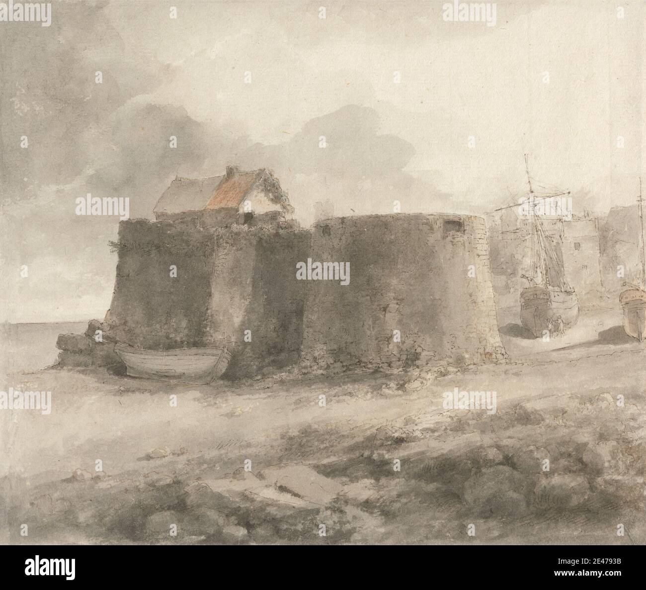 Heneage Finch quatrième comte d'Aylesford, 1751–1812, British, Tenby, non daté. Stylo, encre grise, encre brune, lavage gris, et lavage brun sur papier fin, légèrement texturé, crème. Sujet architectural , port , paysage , murs. Europe , Pembrokeshire , Tenby , Royaume-Uni , pays de Galles Banque D'Images