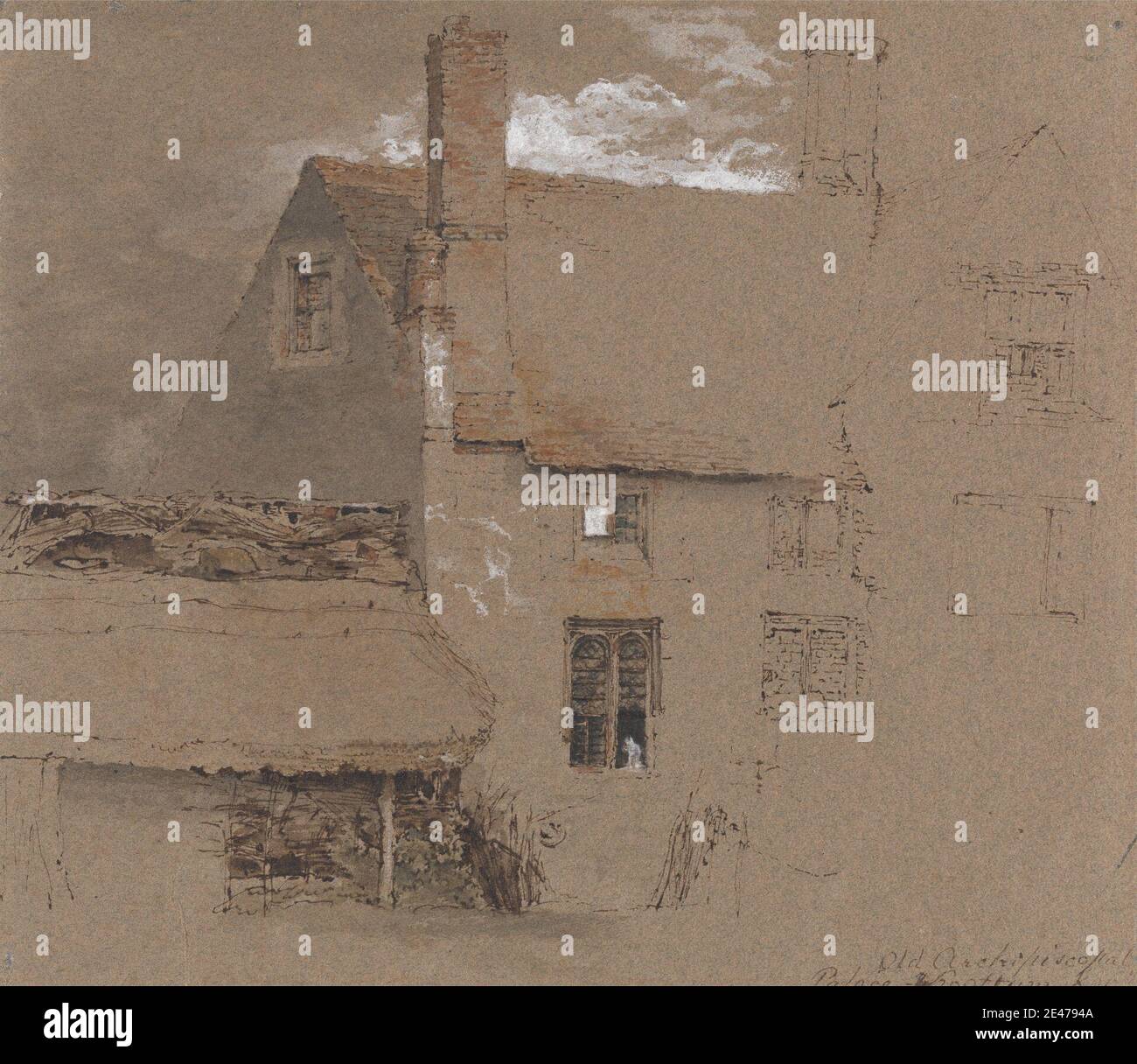 Artiste inconnu, (membre de la famille Finch), Palais Archiépiscopal, Wrotham, Kent, non daté. Plume, encre brune, aquarelle, et gouache blanc sur papier vélin moyen, légèrement texturé, brun. Sujet architectural , cheminées , église , nuages , palais , toits , fenêtres. Angleterre , Europe , Kent , Royaume-Uni , Wrotham Banque D'Images