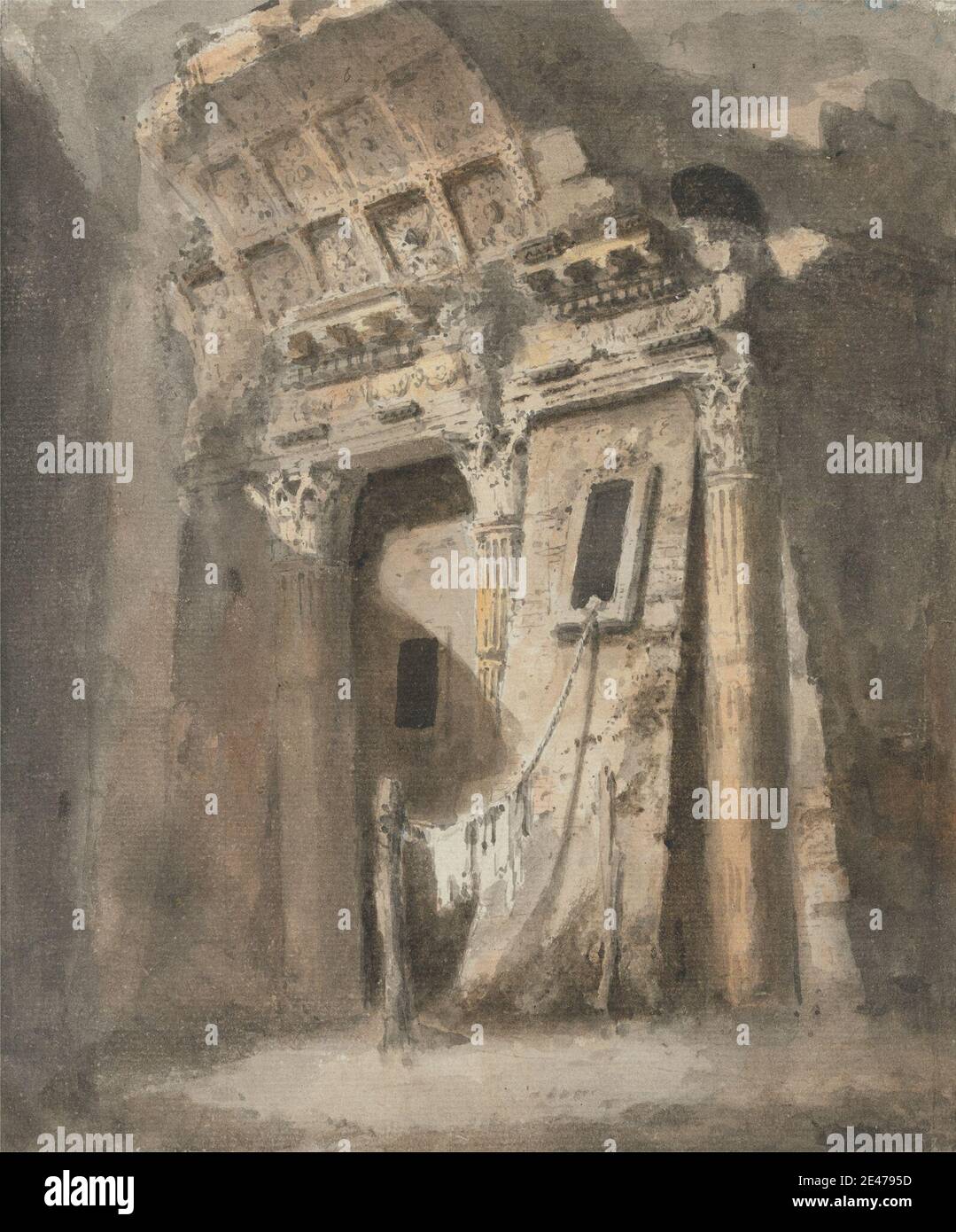 Heneage Finch quatrième comte d'Aylesford, 1751–1812, britannique, ruina Archway avec une ligne de lavage, peut-être à Rome, après 1771. Aquarelle, graphite, et lavage bleu sur papier de couleur moyenne, légèrement texturé, crème. Sujet architectural , arches , corde à linge , colonnes , Grand Tour , ruines , lavage. Europe , Italie , Latium , Rome Banque D'Images