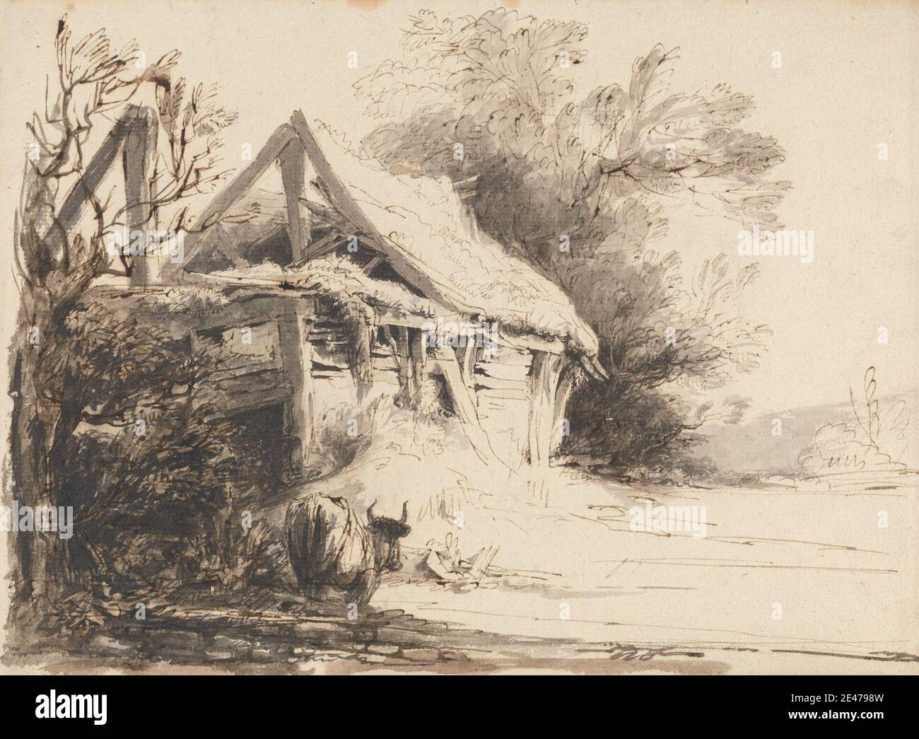 Heneage Finch quatrième comte d'Aylesford, 1751–1812, British, an Old Barn, Trees and Cow, non daté. Plume, encre brune, lavage brun, lavage gris, et graphite sur papier moyen, légèrement texturé, crème. Art animal , sujet architectural , grange , vache , cornes , cochon , ruines , toit de chaume , arbres Banque D'Images