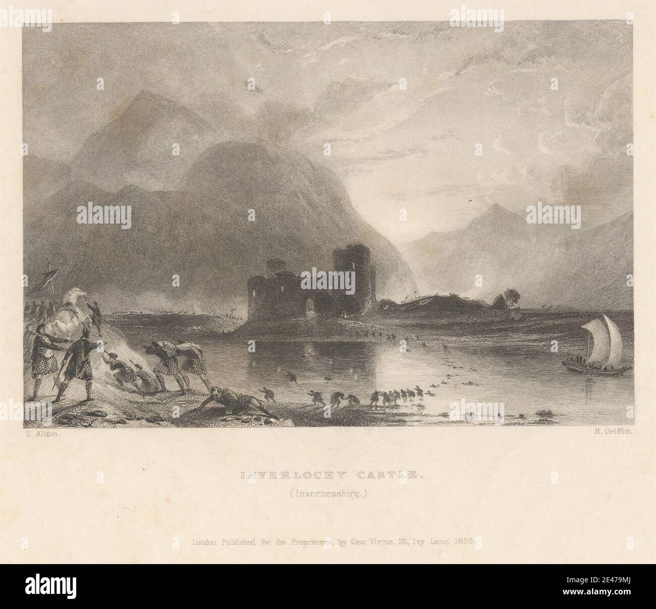 Henry Griffiths, 1835–1849, British, Inverlochy Castle, Invernesshire, 1836. Gravure et gravure de ligne sur papier de vélin crème modérément épais, légèrement texturé. Sujet architectural , forces armées , bataille , château , échapper , collines , cheval (animal) , paysage , montagnes , pointage , ruines , course , voilier , troupes. Fort William , Highland , Inverlochy Castle , Lochy, River (ruisseau) , Écosse , Royaume-Uni Banque D'Images