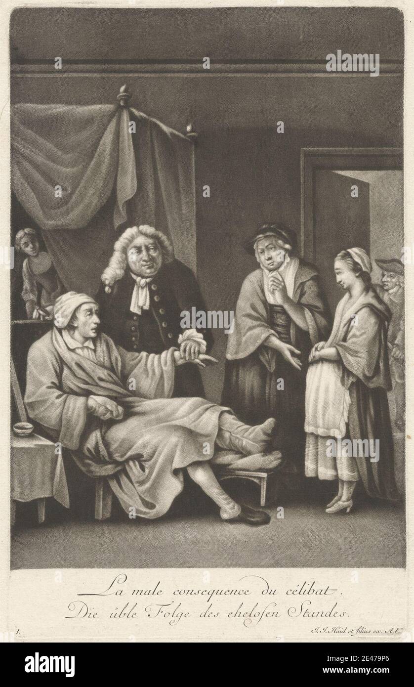 Imprimé par Johann Jacobus Haid, 1704–1767, la conséquence du célibat, non daté. Mezzotint sur modérément épais, légèrement texturé, papier crème. Tabliers , bandages , casquettes , comédie , convalescence , genre sujet , humour , mari , infidélité , homme , hommes , grossesse , femmes , serviteurs , malade , femme , femme , blessures Banque D'Images