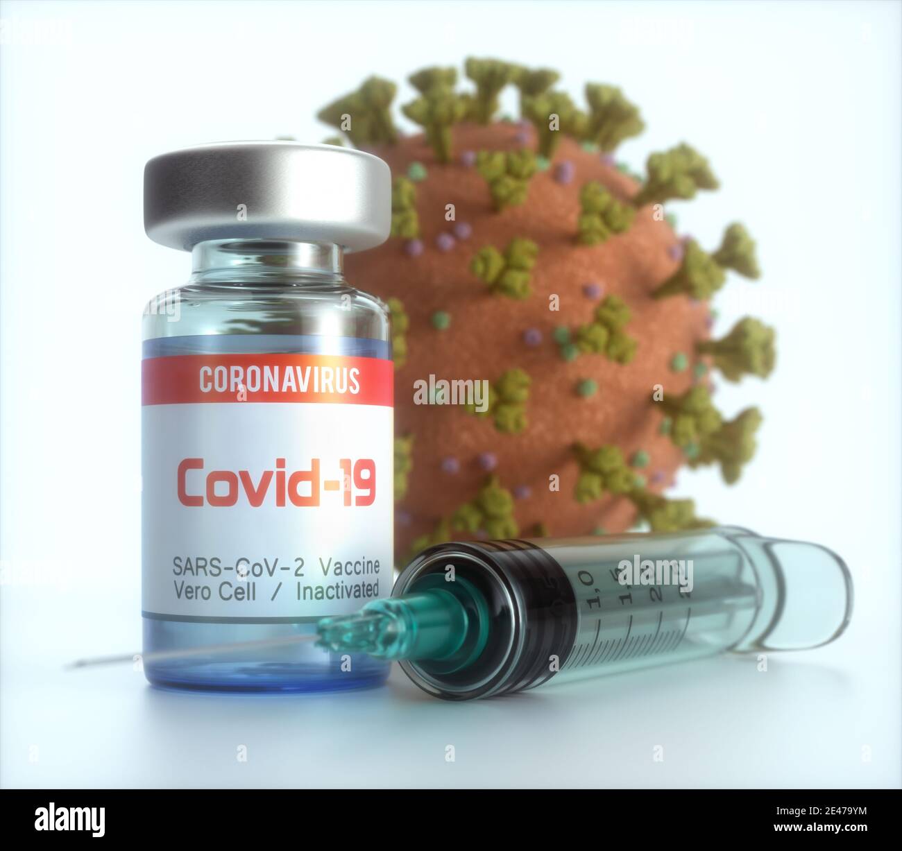 Image conceptuelle pour la découverte d'un vaccin contre le Covid-19, le coronavirus, 2019-nCoV, le SRAS-COV-2. Illustration tridimensionnelle. Banque D'Images