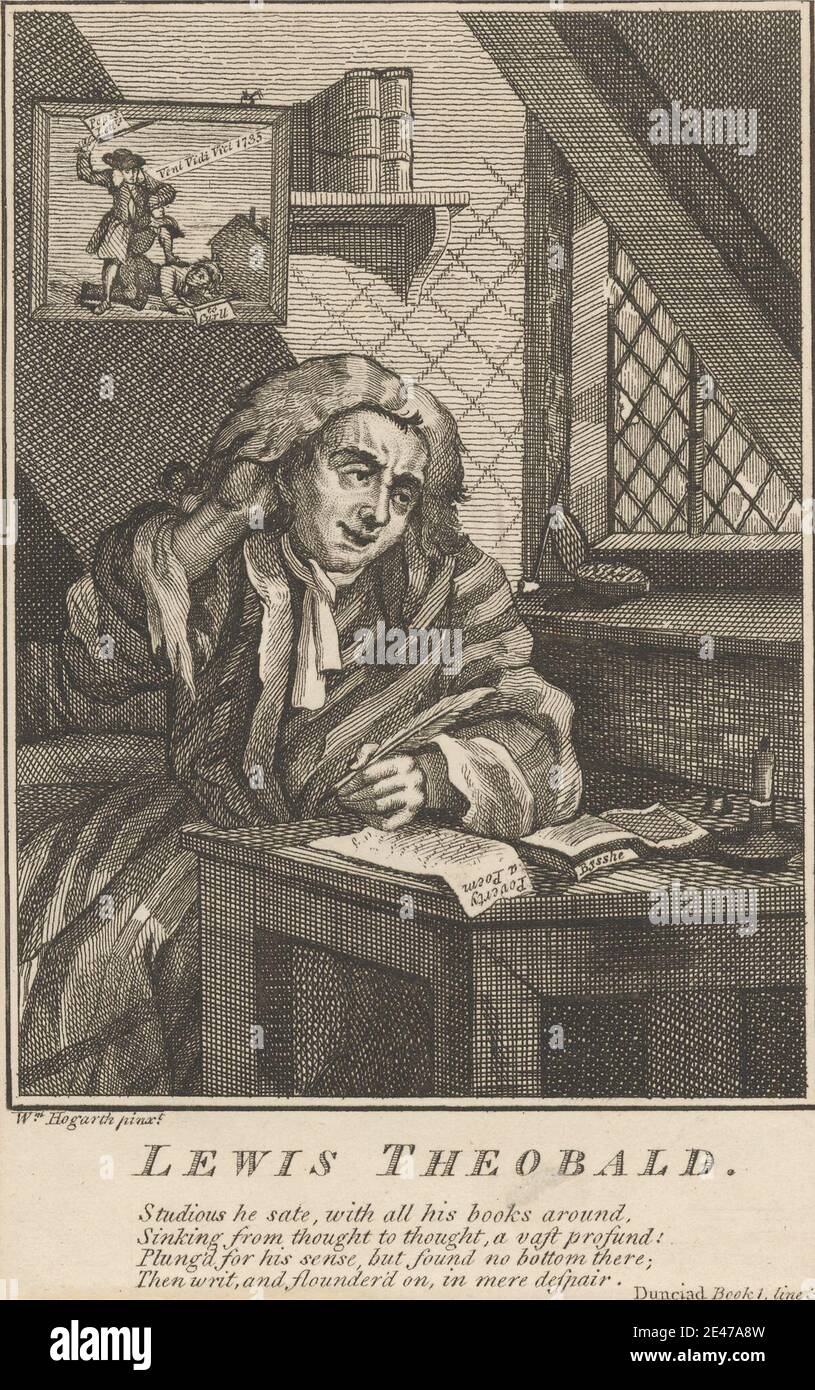 William Hogarth, 1697–1764, britannique, Lewis Theobald : détail du poète. Gravure sur papier vélin. Domaine public Banque D'Images
