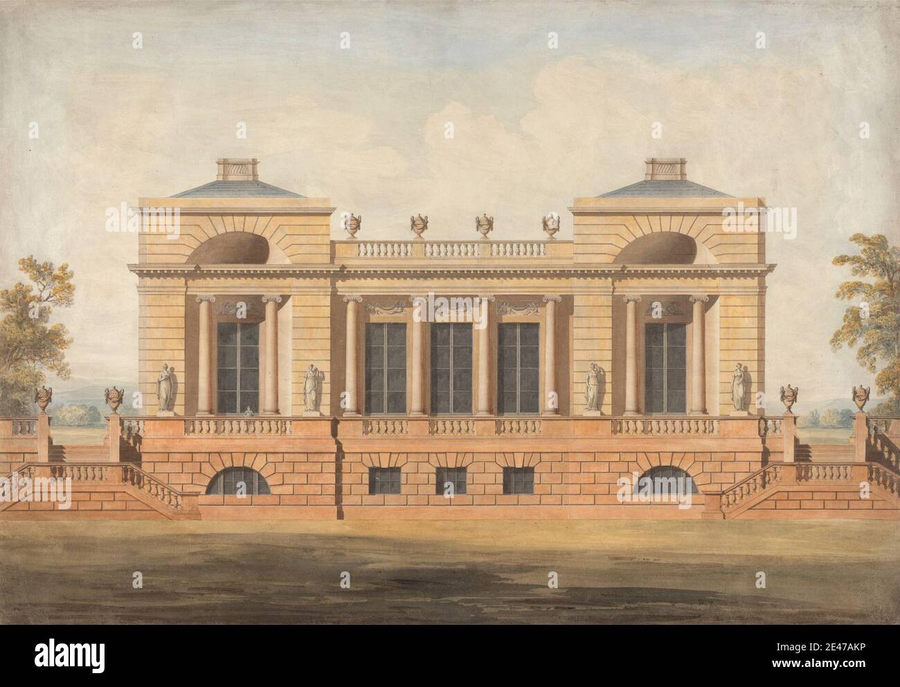 James Wyatt, 1746–1813, British, Design for an Unidentified Country House, ca. 1800. Aquarelle et graphite, avec stylo et encre noire sur papier de véve modérément épais, modérément texturé. Sujet architectural , char , cheminée , nuages , colonnes (éléments architecturaux) , maison de campagne , cupids , dessins , façade , Festoons , chevaux (animaux) , ordre ionique , pelouse , Néoclassique , escaliers , statue , marches , arbres , urnes Banque D'Images