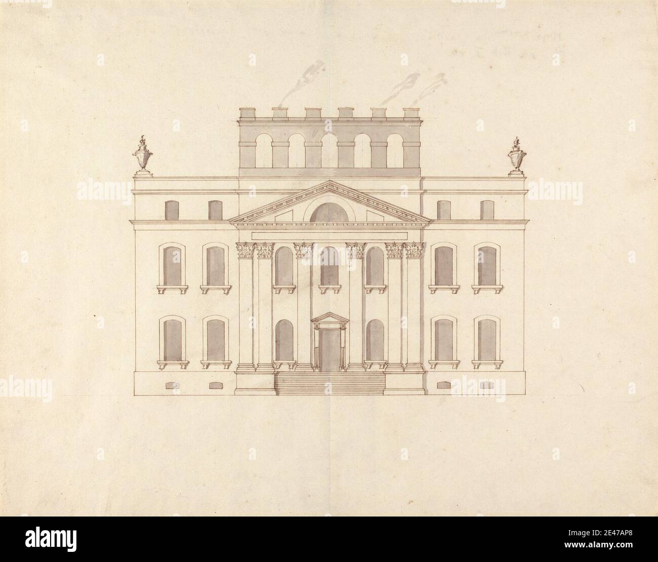 Sir John Vanbrugh, 1664–1726, British, Kings Weston, Bristol: Entrance Front Elevation, CA. 1710. Stylo et encre brune avec gris laver sur graphite sur papier fin, légèrement texturé, crème à une échelle de 1/8 pouces à 1 pied. Sujet architectural, baroque, maison de campagne, Palladien. Bristol , Angleterre , Gloucestershire , Royaume-Uni. Vanbrugh, sir John (1664-1726), dramaturge et architecte Banque D'Images