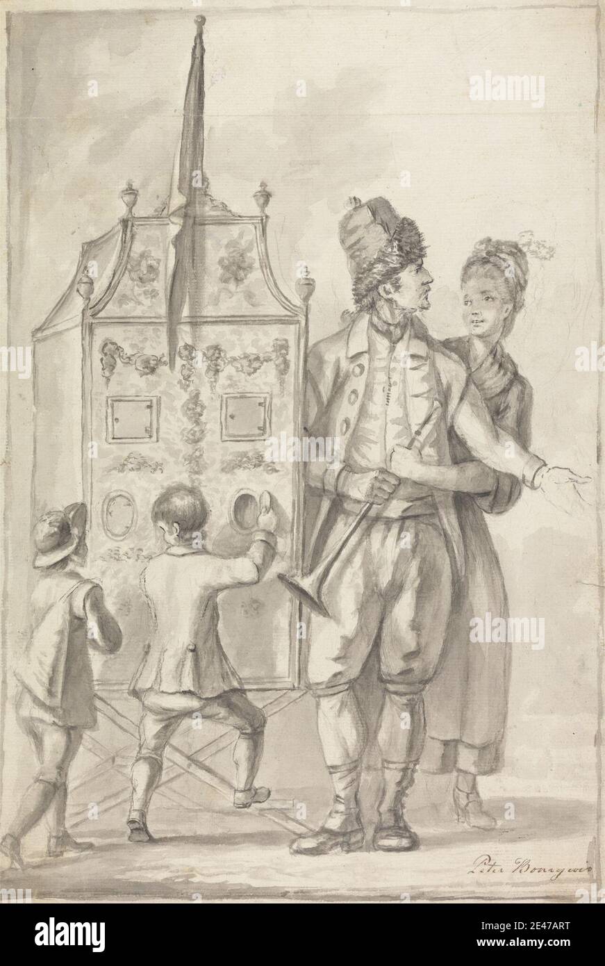 Sir Peter Francis Bourgeois, 1756–1811, British, Etude d'un spectacle de PEP avec deux personnages et deux enfants, ca. 1775. Graphite, lavage gris, stylo et encre noire sur papier moyennement texturé, crème. Domaine public Banque D'Images