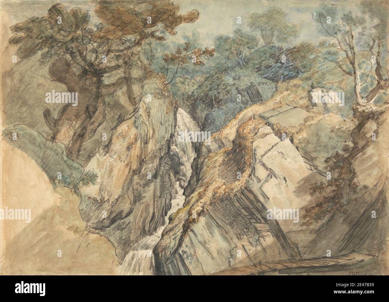 James Ward, 1769–1859, British, Waterfall, North Wales, non daté. Aquarelle, craie noire, et graphite sur papier vélin moyen, légèrement texturé, crème. Géologie , paysage , science , cascade. Cymru , Royaume-Uni , pays de Galles Banque D'Images