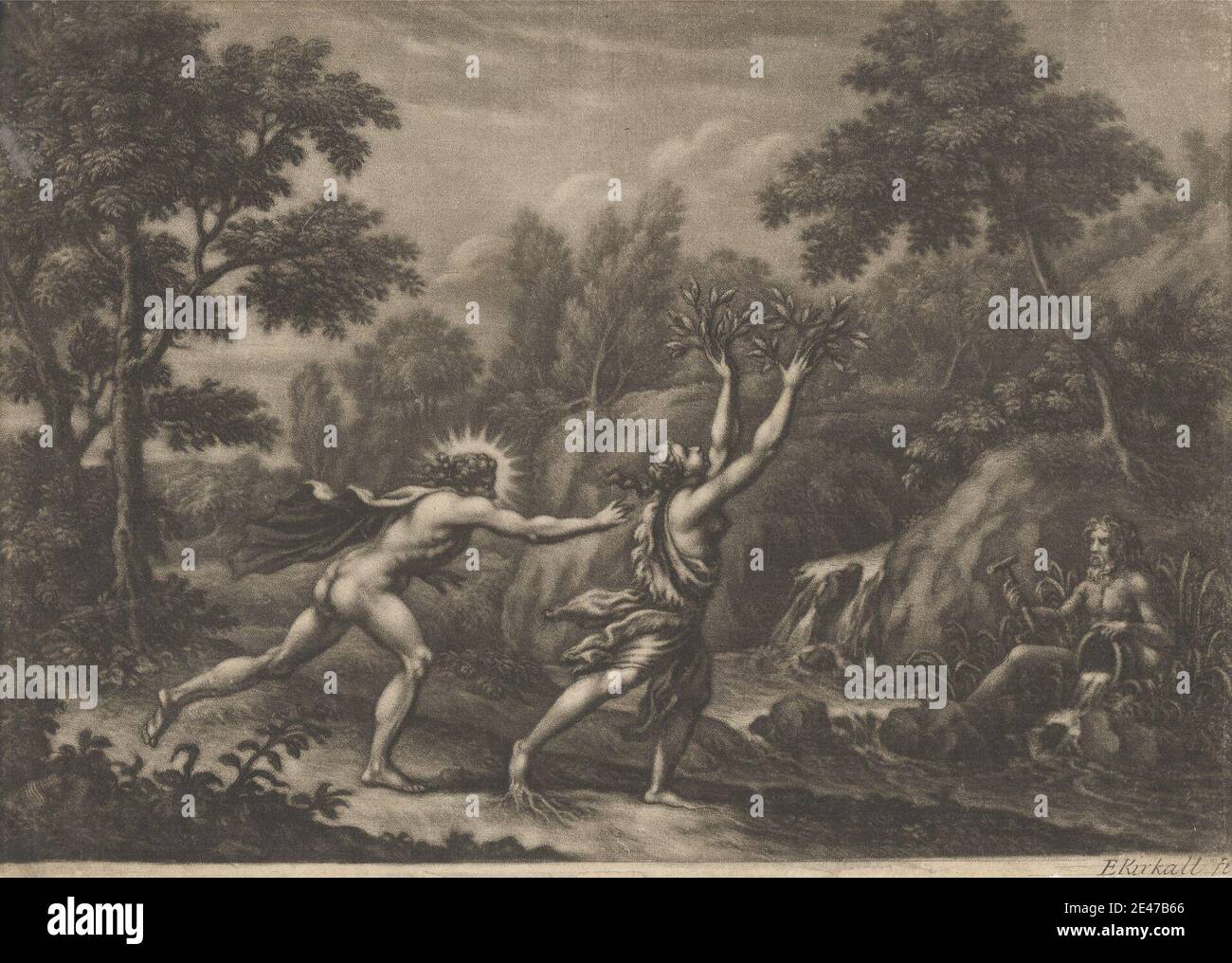 Imprimé par Elisha Kirkall, Californie. 1682–1742, Britannique, Apollo et Daphne, non daté. Mezzotint sur moyen, modérément texturé, crème, papier. Bassin , chasse , forêt , dieux , halo , marteau , haine , aidant , paysage , laurel , lust , métamorphose (événement biologique) , nymphe , verser , sujet religieux et mythologique , rivière , rive , racines , soleil , arbre , vierge , cascade. Apollo Daphne Ladon Banque D'Images