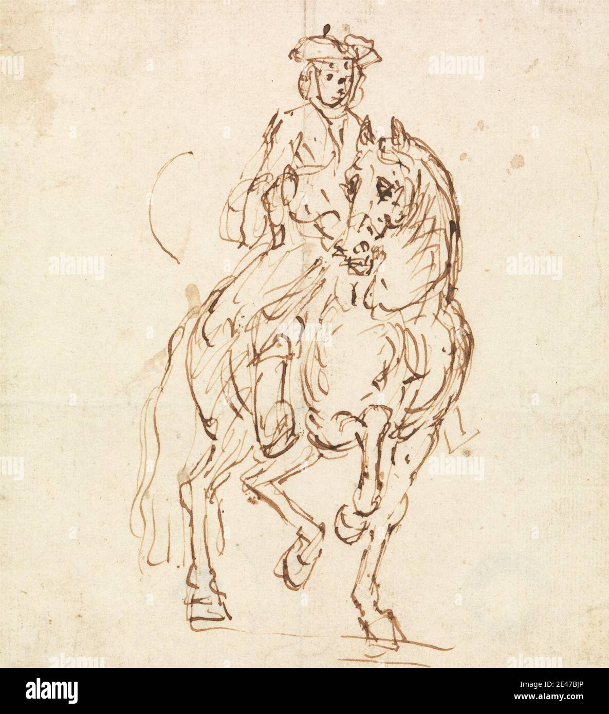 John Vanderbank, 1694–1739, Britannique, Rider dans un chapeau de tricorne, Marche à cheval vers l'avant, non daté. Stylo et encre brune sur papier de couleur moyenne, légèrement texturé, crème posée. étude de figure , genre sujet , cheval (animal) , équitation , cavaliers, cheval , tricorne , tricorne chapeaux , tricorne , tricorne , chapeaux tricorne , marche Banque D'Images